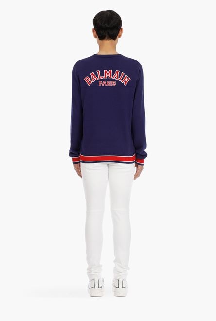 Navy blue cotton sweater with embroidered red and white Balmain logo - 3