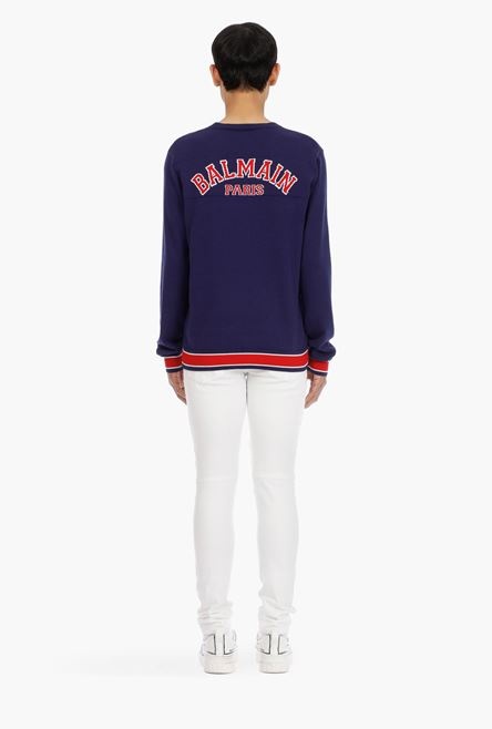 Navy blue cotton sweater with embroidered red and white Balmain logo - 3