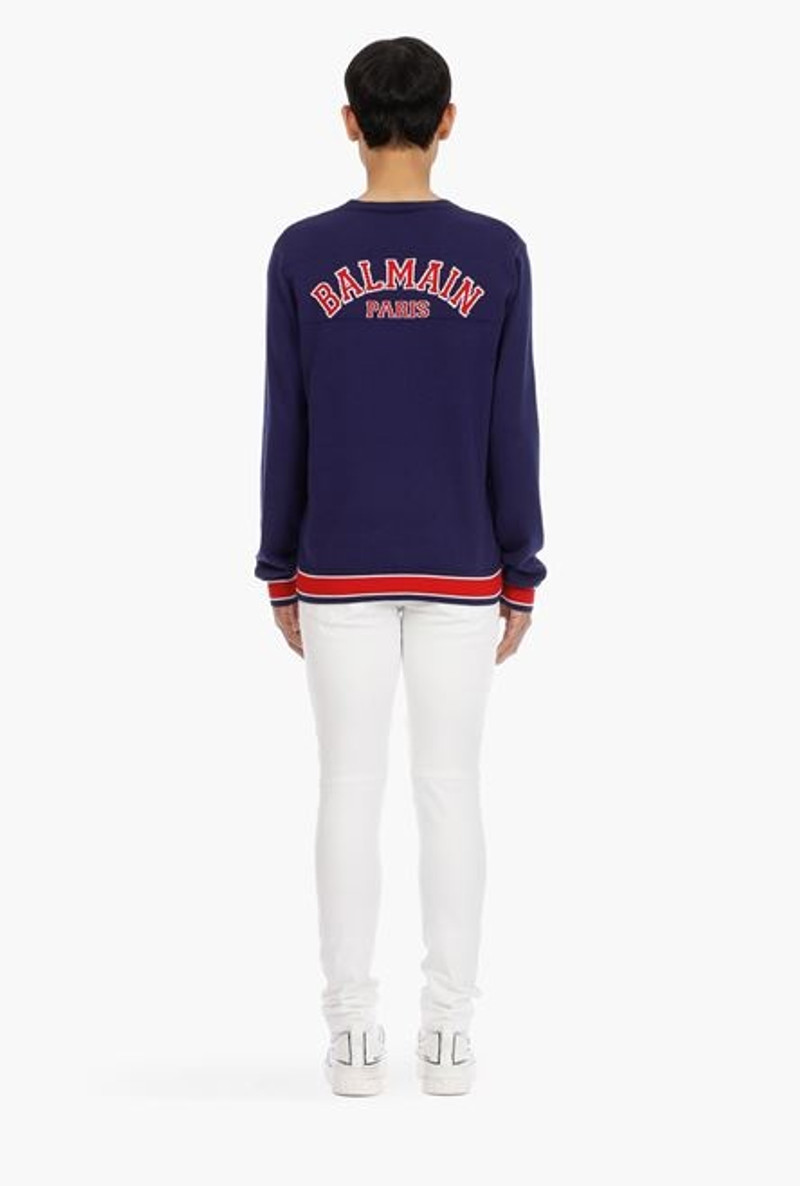 Navy blue cotton sweater with embroidered red and white Balmain logo 3