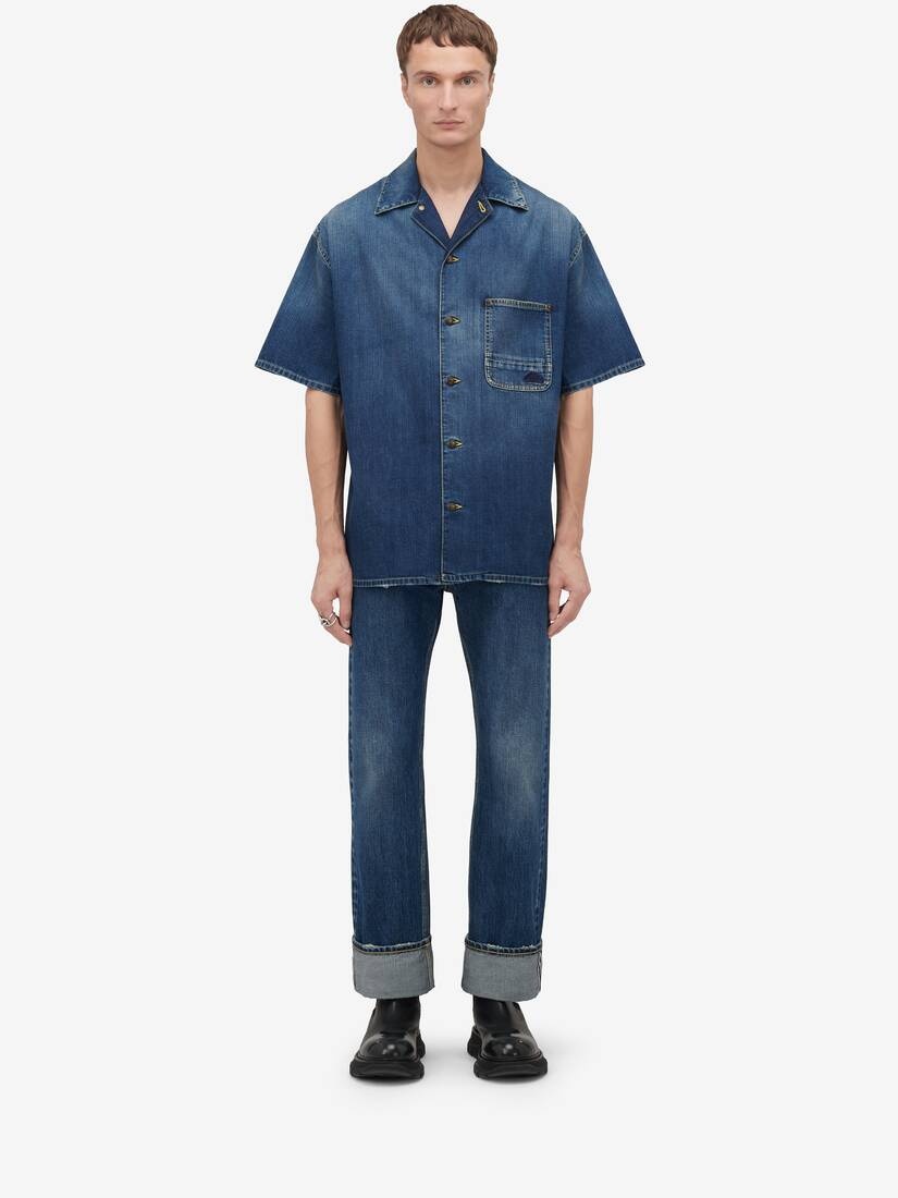 Men's Hawaiian Denim Shirt in Washed Blue - 2