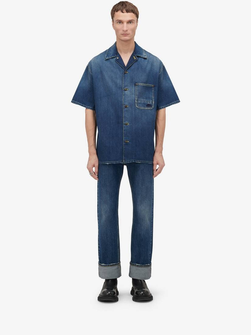 Alexander McQueen Men's Hawaiian Denim Shirt in Washed Blue outlook