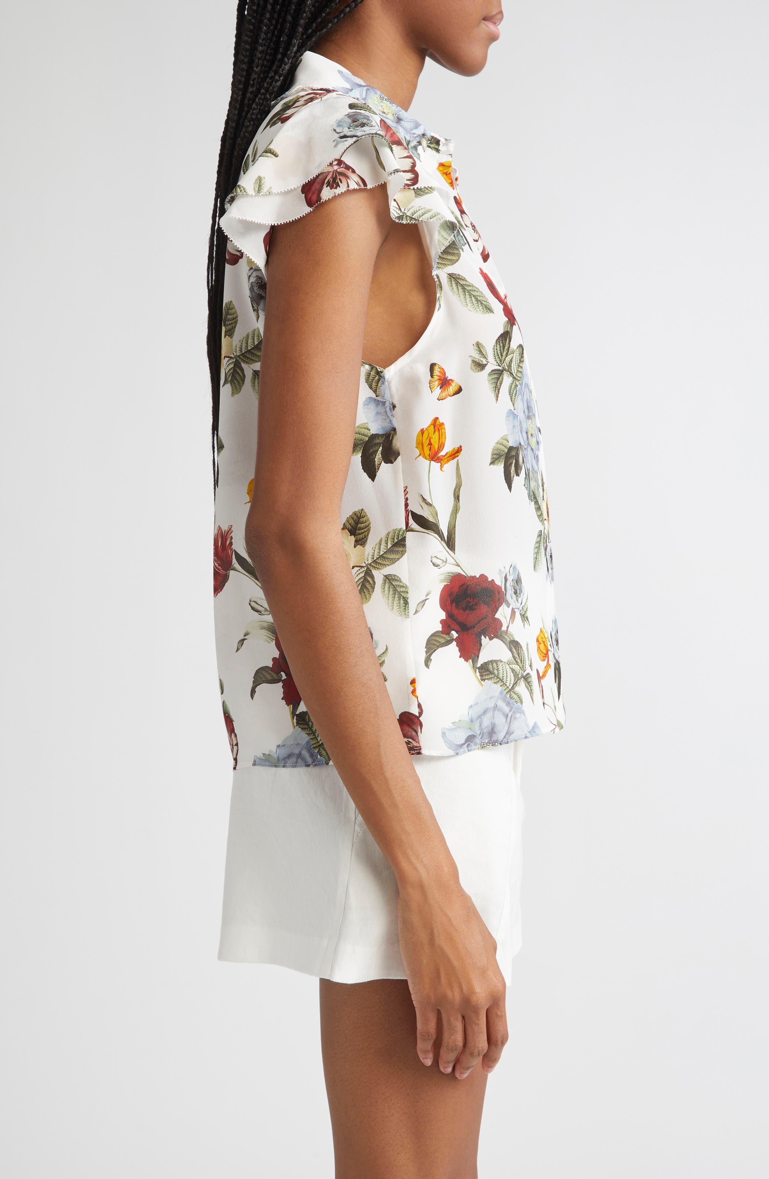 Alice + Olivia Martel Floral Flutter Sleeve Silk Button-Up Top in Provence Floral Sm at Nordstrom - 3