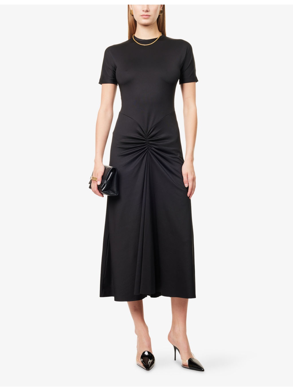 Gathered Short-Sleeve Stretch-Woven Midi Dress - 2