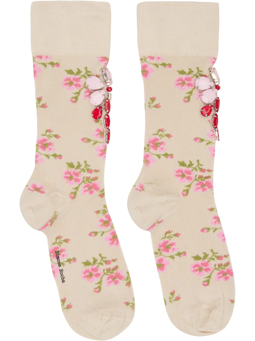 Beige Tiny Flower Jacquard Embellished Ankle Socks - 1