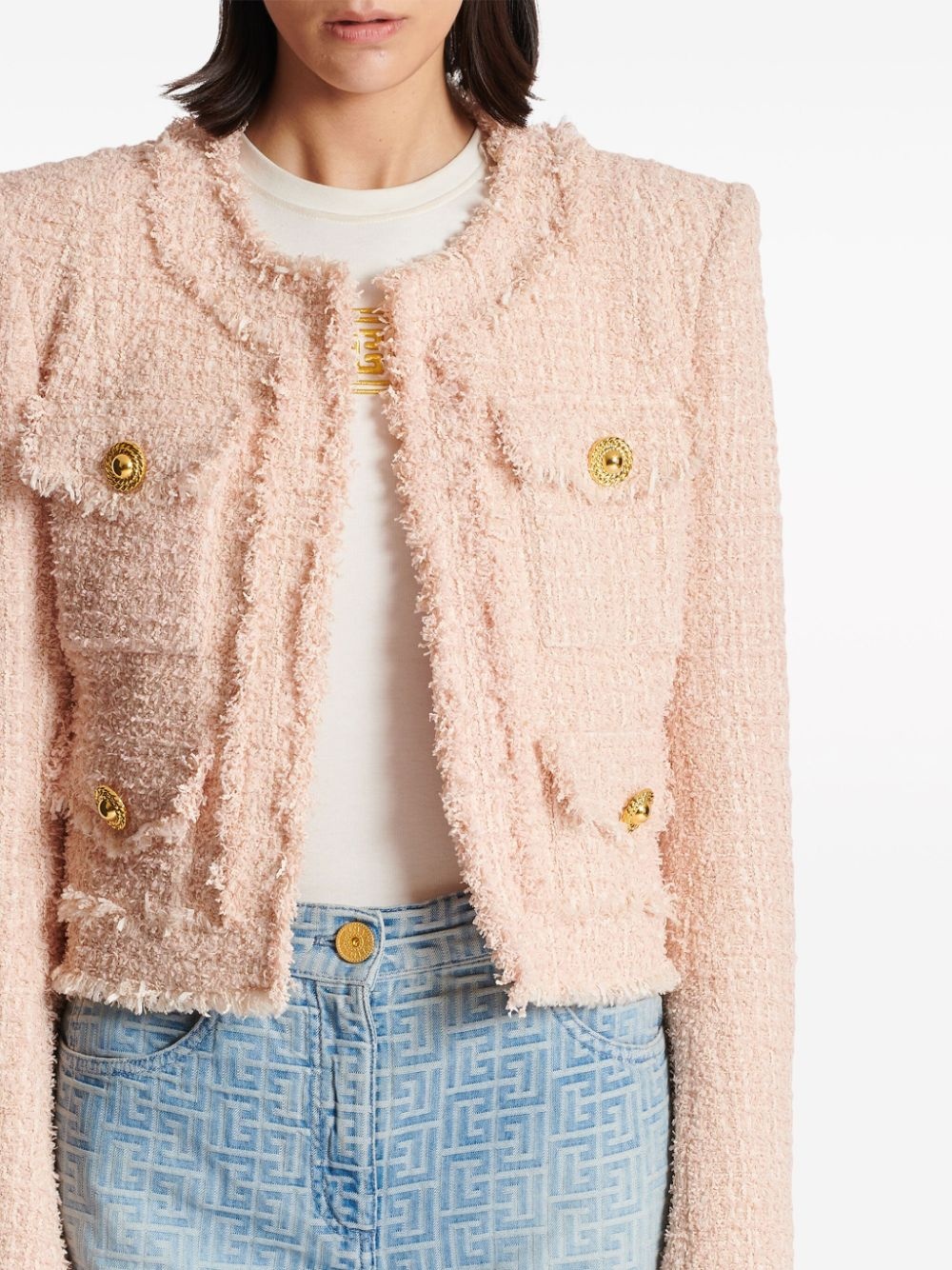 tweed collarless frayed jacket - 5