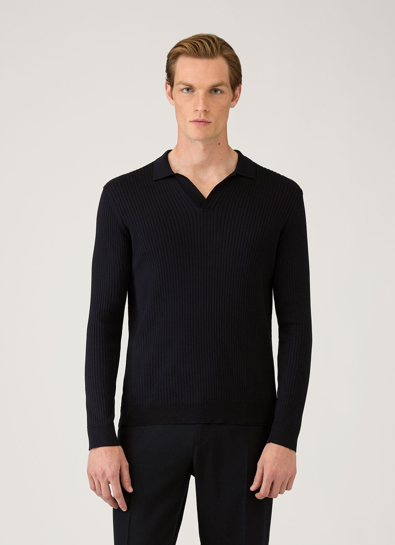 Long Sleeve Fine Rib Silk Cotton Polo Shirt 2