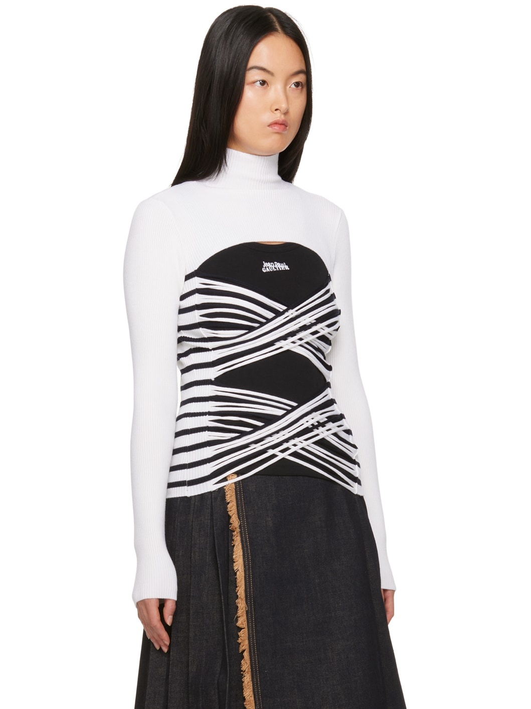 White & Navy Striped Turtleneck - 2