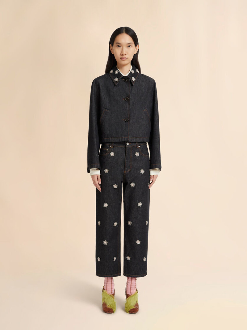 Marni BLACK DENIM JACKET WITH DAISY APPLIQUÉS outlook