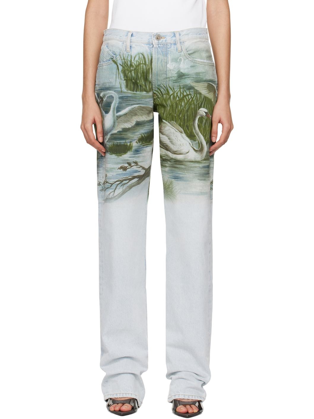 Blue Swan Print Jeans - 1