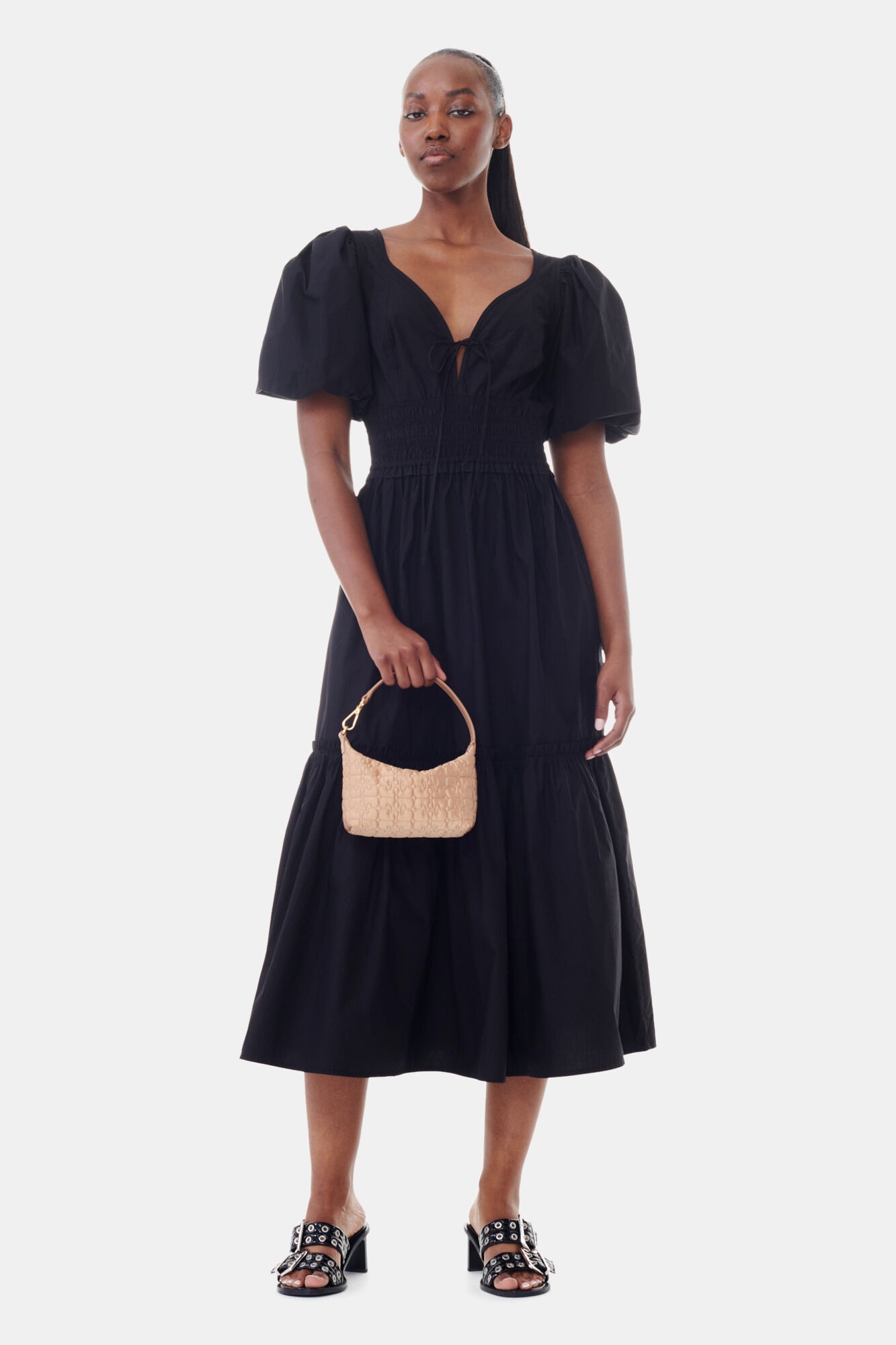 BLACK COTTON POPLIN LONG SMOCK DRESS - 2