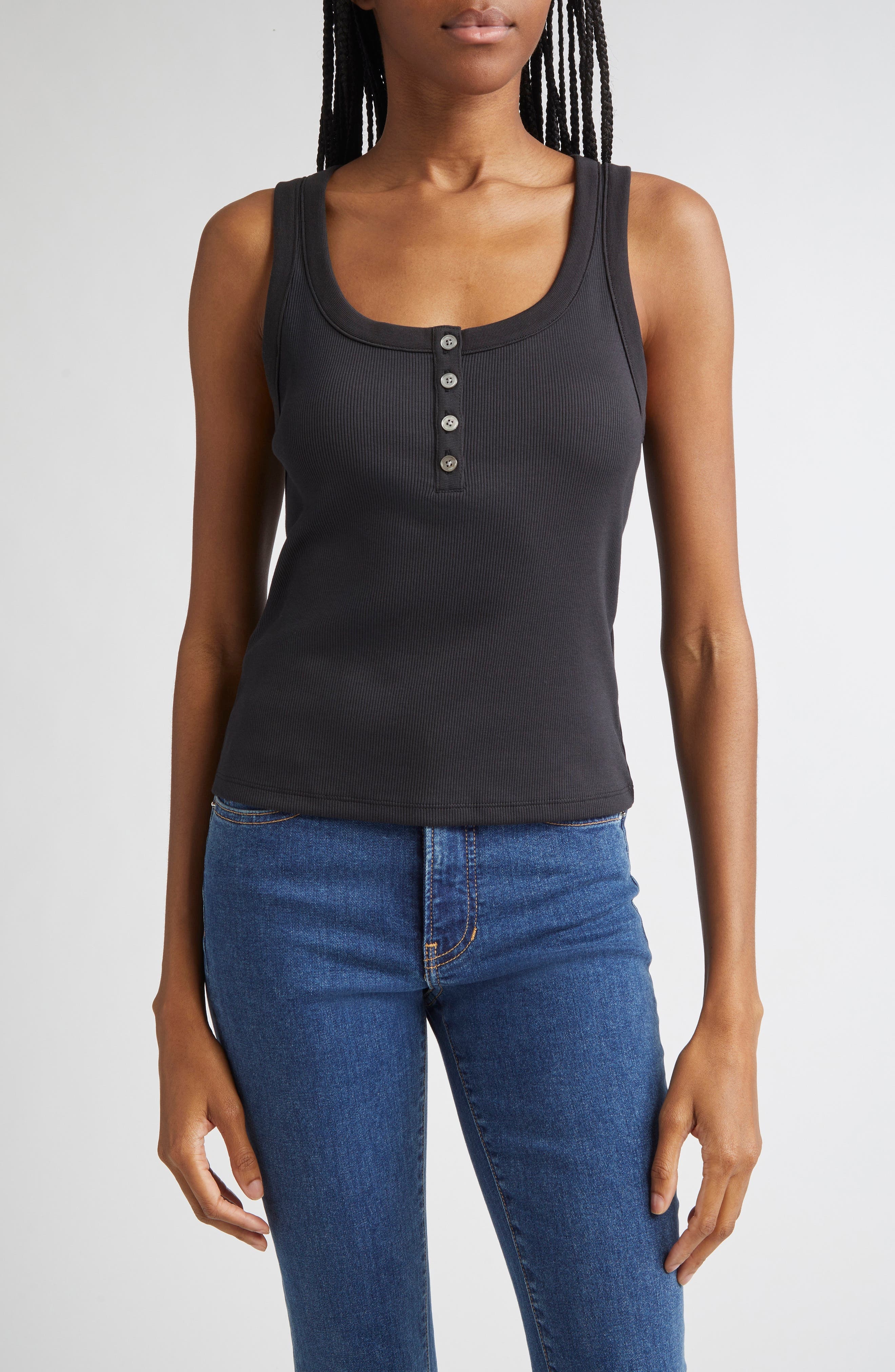 Veronica Beard Abbott Rib Henley Tank in Black at Nordstrom - 1