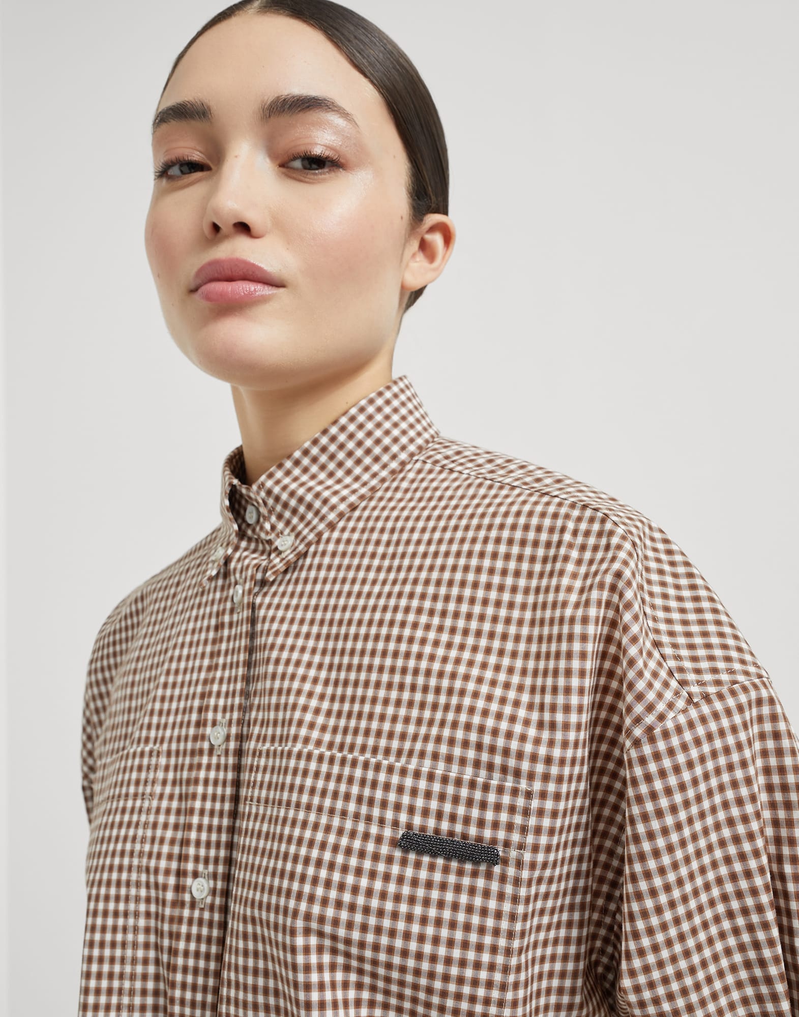 Cotton checked poplin shirt with monili - 3