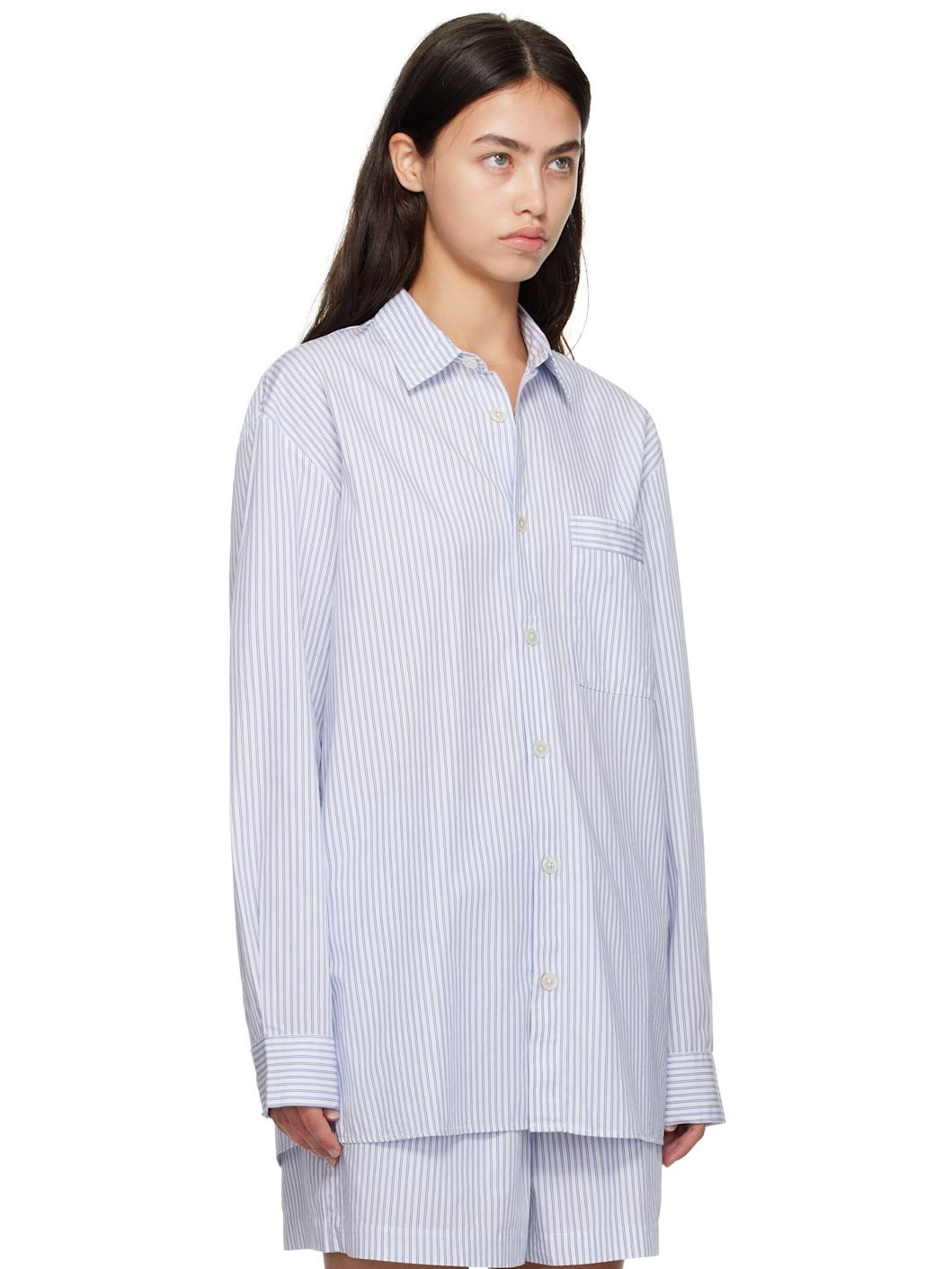 White & Blue Poplin Long-Sleeved Pyjama Shirt - 2