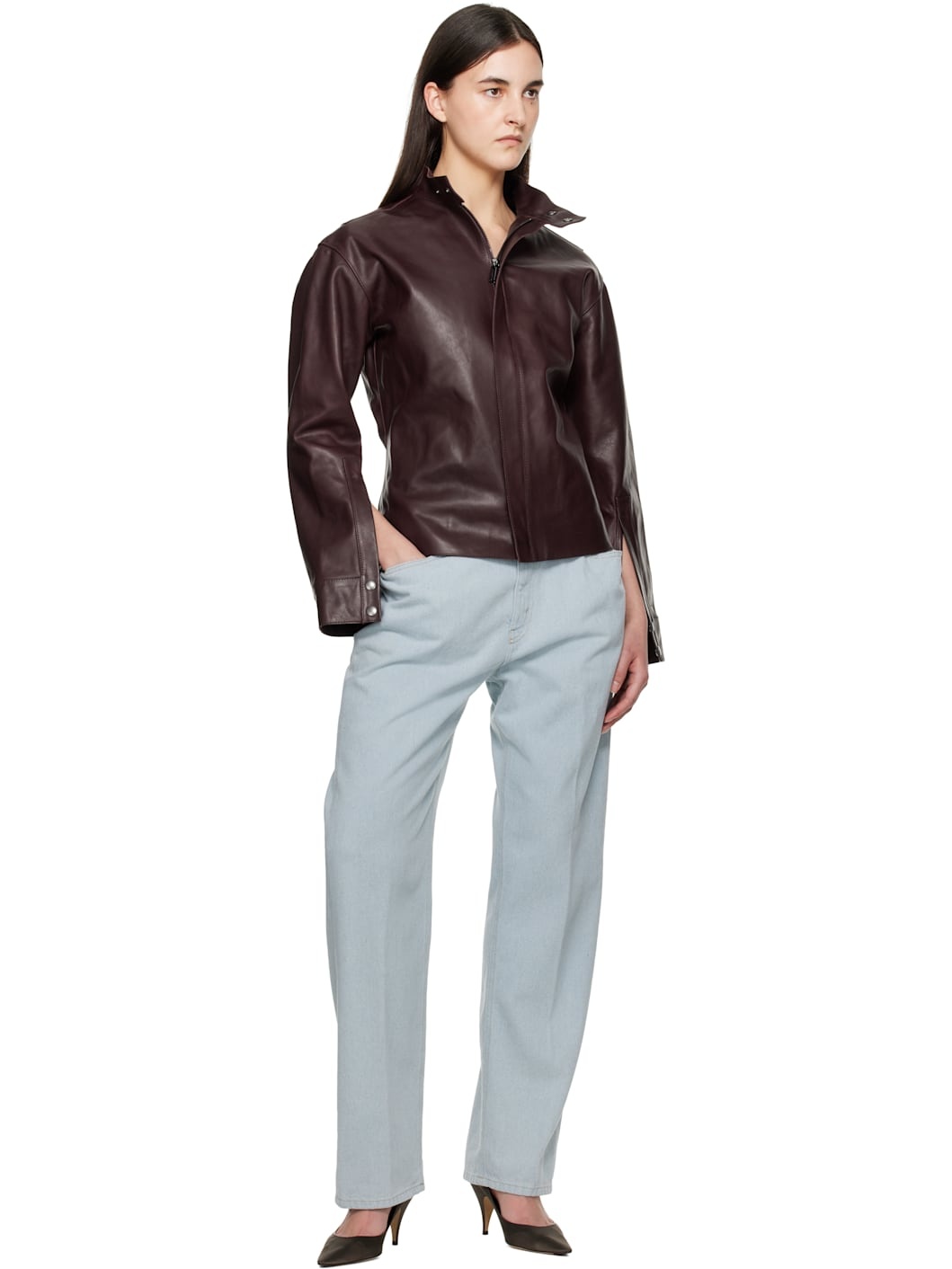 Burgundy Sculptural Leather Jacket - 4