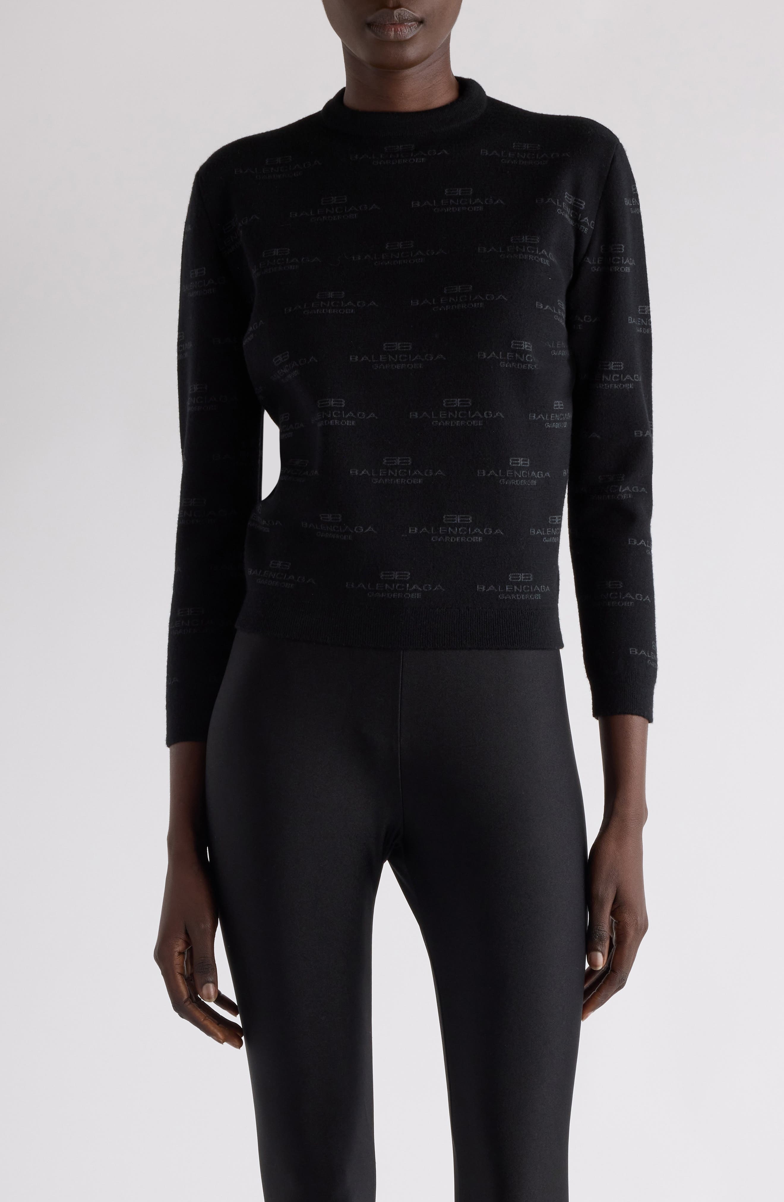 Balenciaga BB Monogram Wool & Cotton Blend Sweater in 1269 Black/Grey at Nordstrom - 1