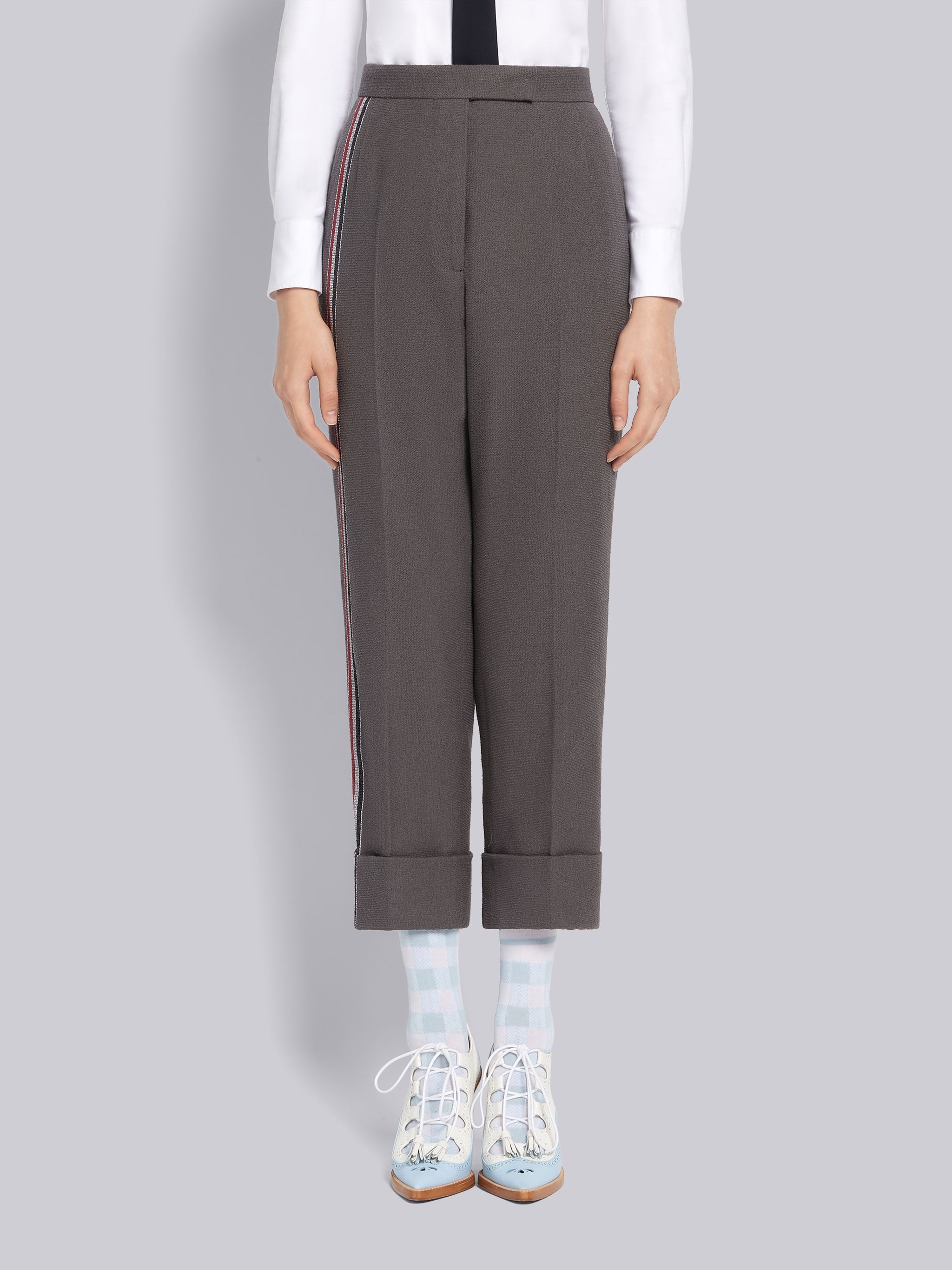 Dark Grey Cotton Boucle Suiting Side Engineered Stripe Classic Trouser - 1