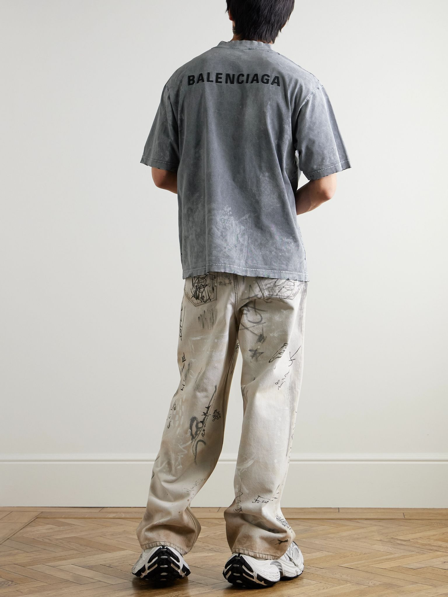 Oversized Distressed Logo-Embroidered Printed Cotton-Jersey T-Shirt Dark gray - 2