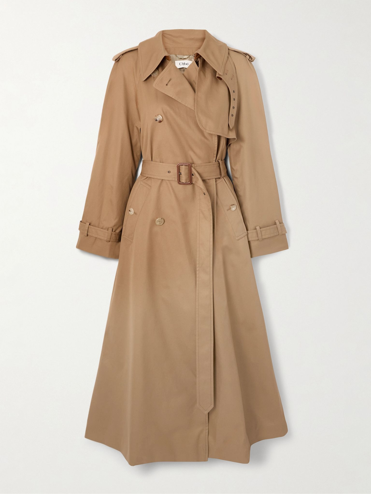 Double-breasted leather-trimmed cotton-gabardine trench coat Brown - 1