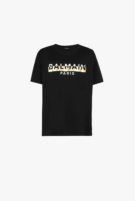 Oversized black eco-designed cotton T-shirt with white and gold Balmain logo print - 1