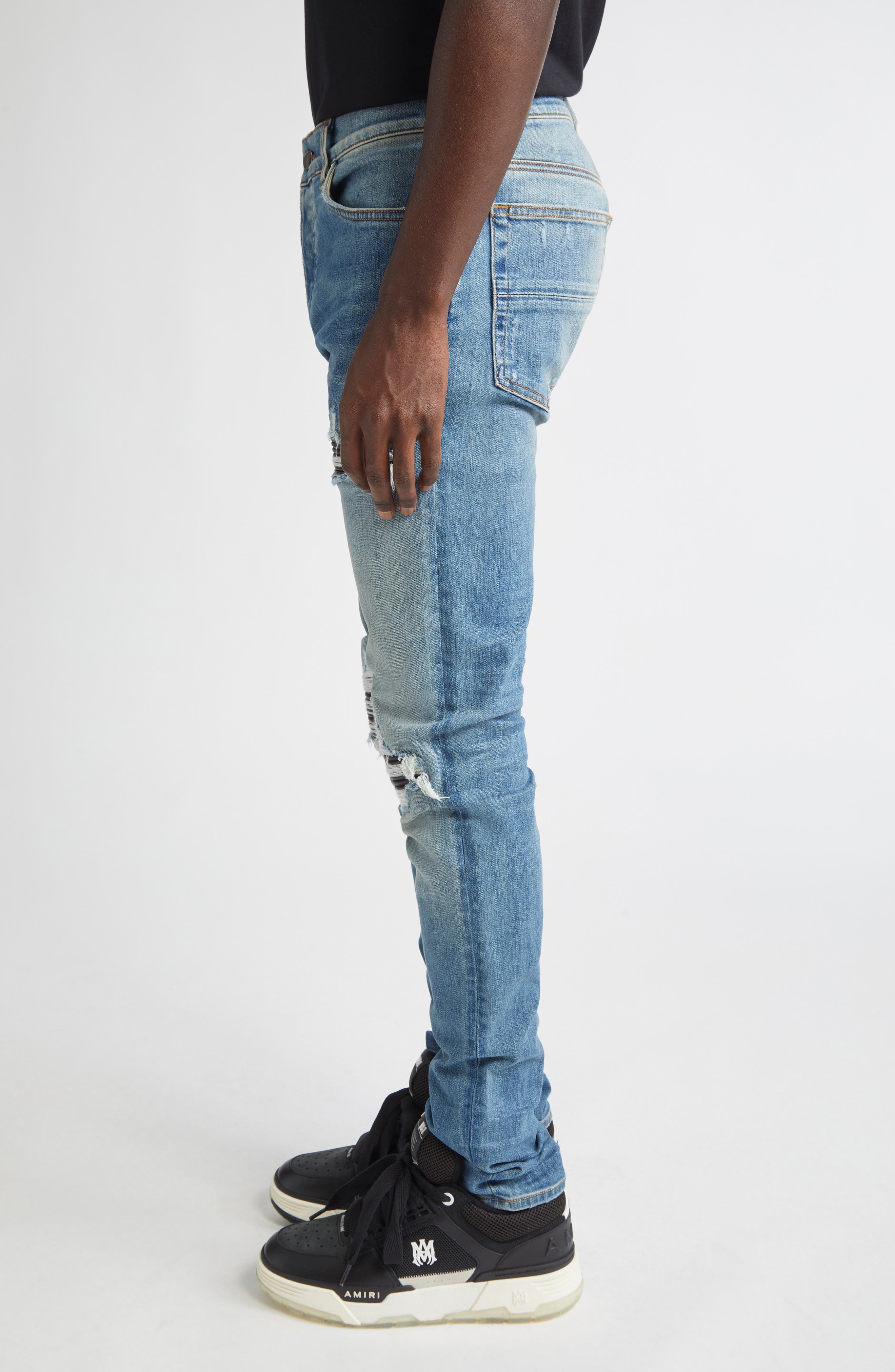 AMIRI MX1 Leather Patch Ripped Skinny Jeans in Dark Indigo at Nordstrom - 4