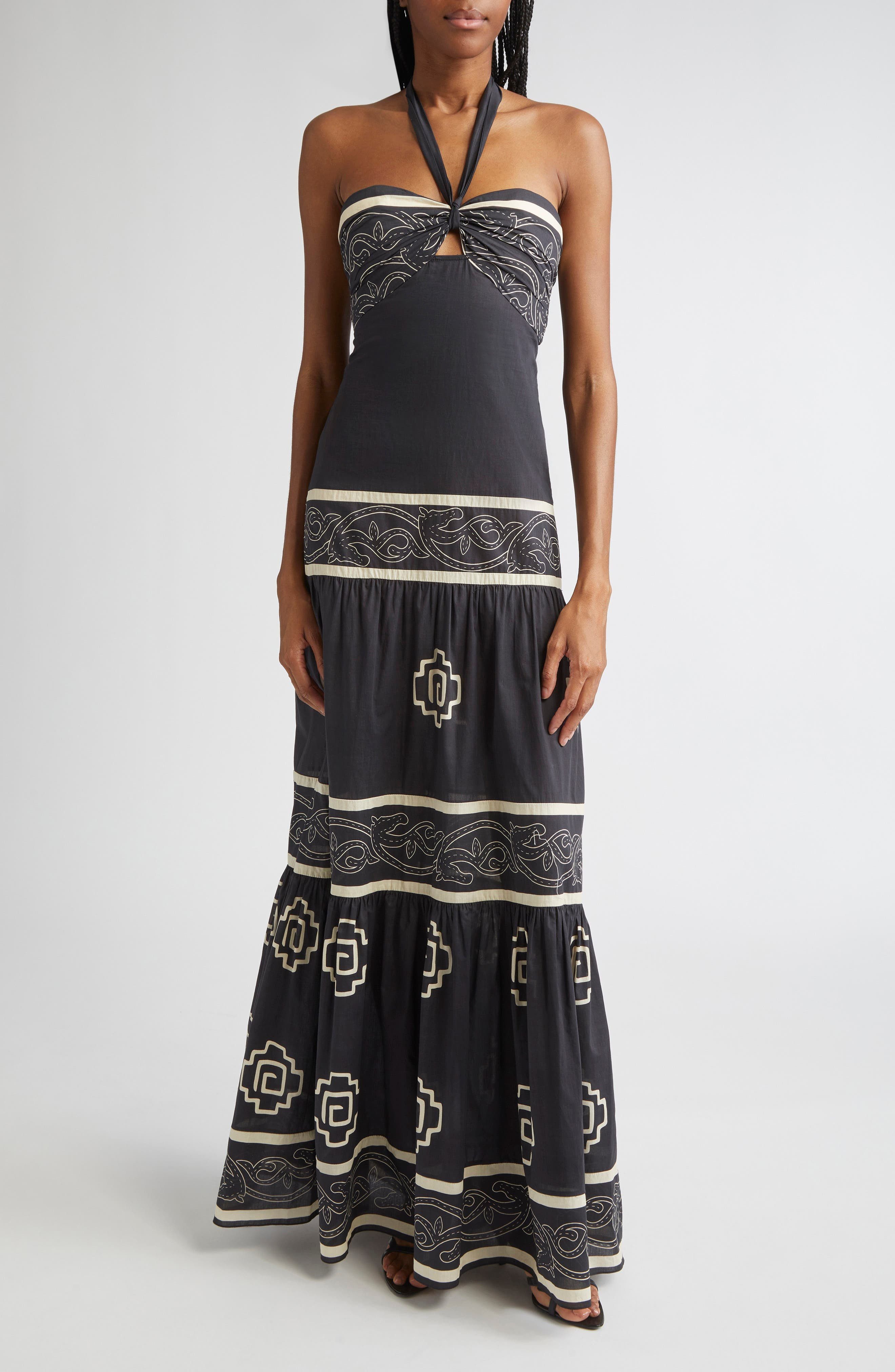 Johanna Ortiz Orilla del Mar Halter Maxi Dress in Black /Ecru at Nordstrom - 1