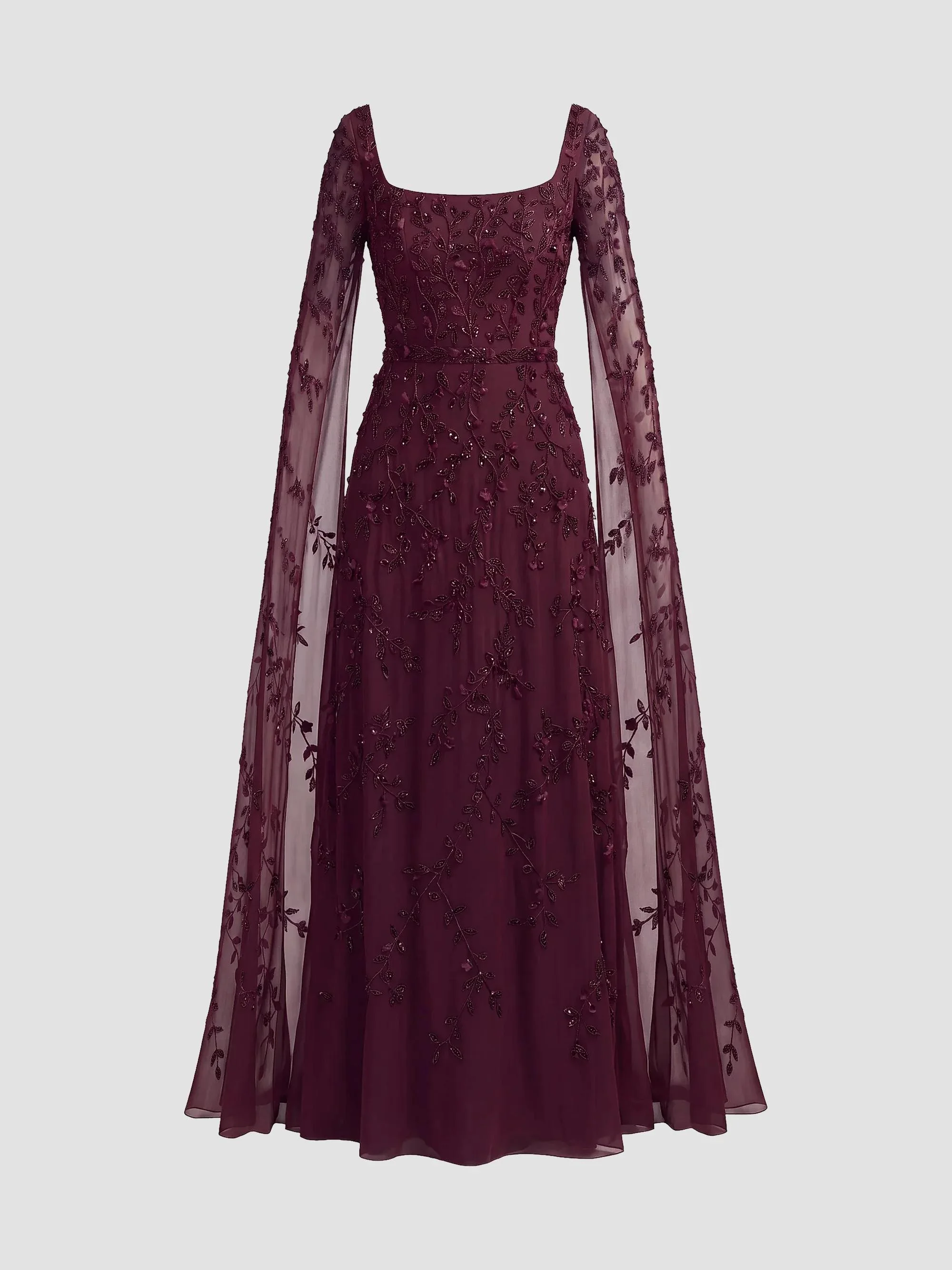 Women's Embellished Georgette Cape-Sleeve Gown - Aubergine - 1
