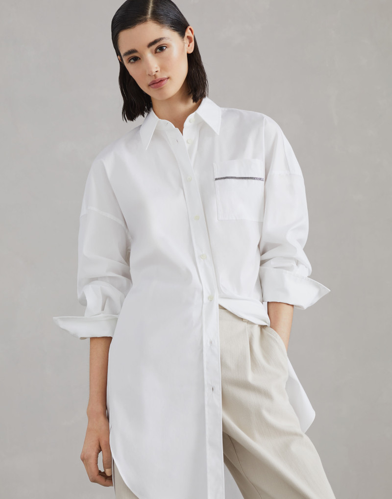 Stretch cotton poplin long shirt with shiny pocket detail 4