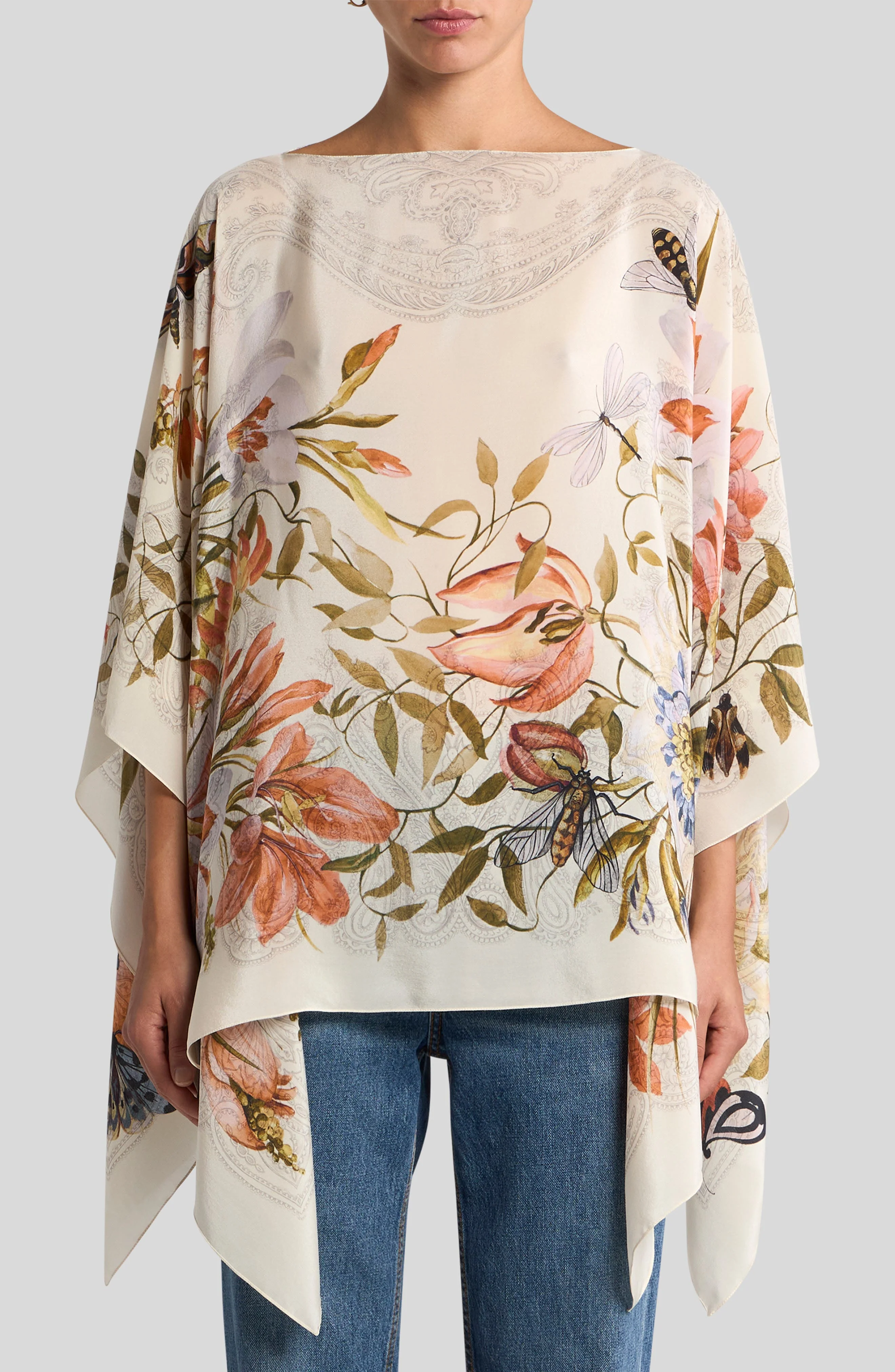 Etro Garden Print Silk Poncho Top in Multicolor On Beige Base at Nordstrom - 1