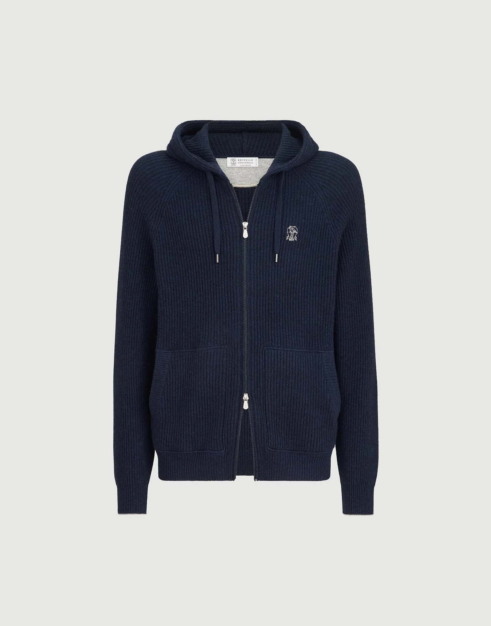 Cashmere English rib hooded knit sweatshirt with logo and zipper - 1