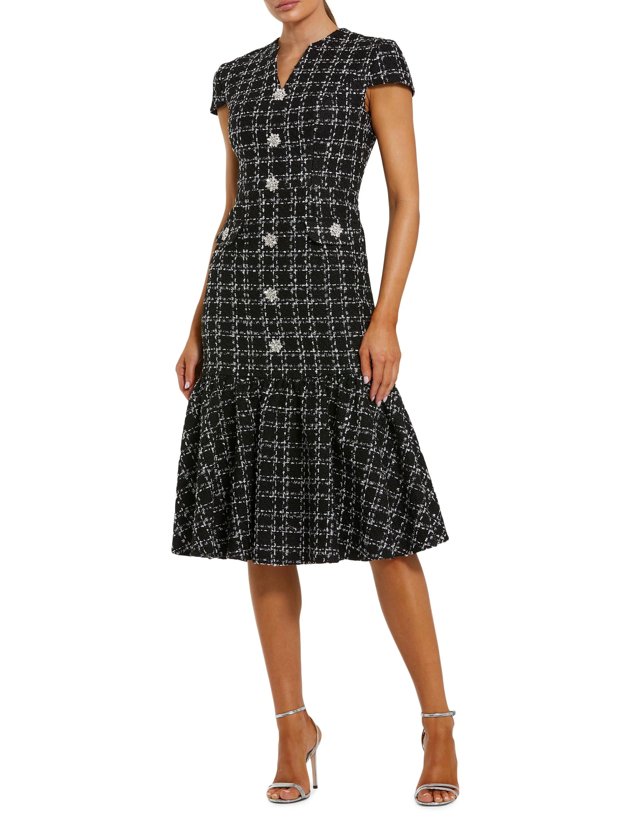 Women's Boucle Tweed Midi-Dress - Black Silver - 1