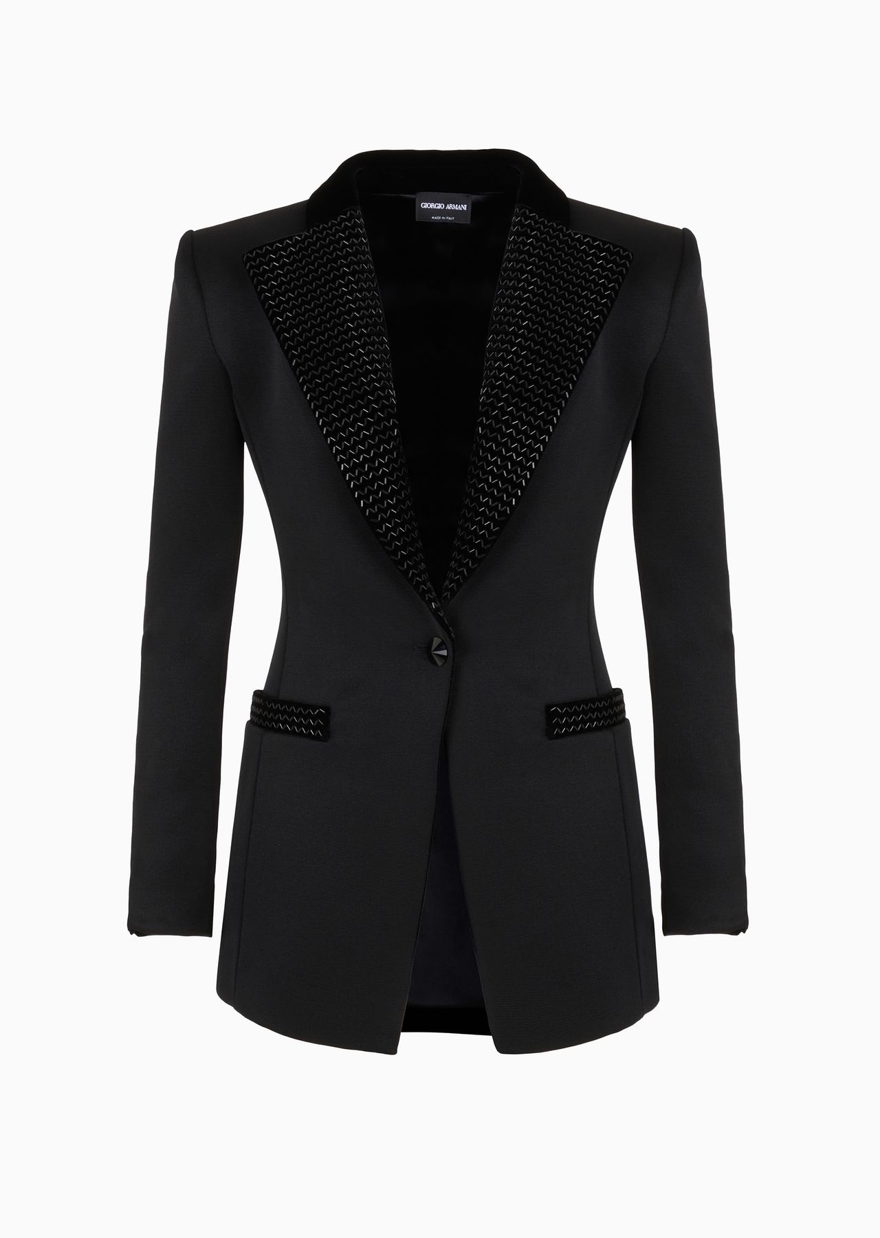 Single-breasted jacket in double jersey and velvet with embroidery - 1