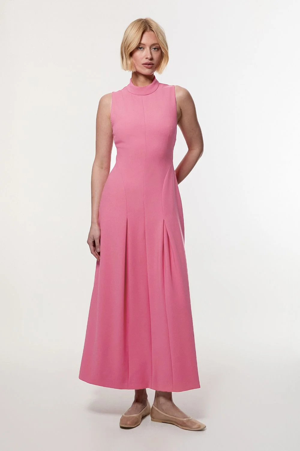 Petite Compact Stretch High Neck Open Back Tailored Maxi Dress - 1