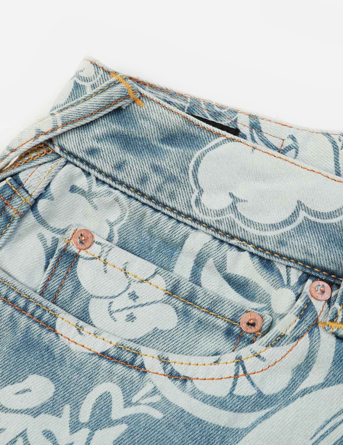 GRAFFITI DARUMA AND KAMON DISCHARGED PRINT DENIM CARGO SHORTS - 8