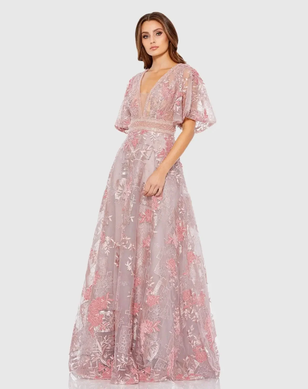 Pink Embroidered Flounce Sleeve A Line Gown - 1