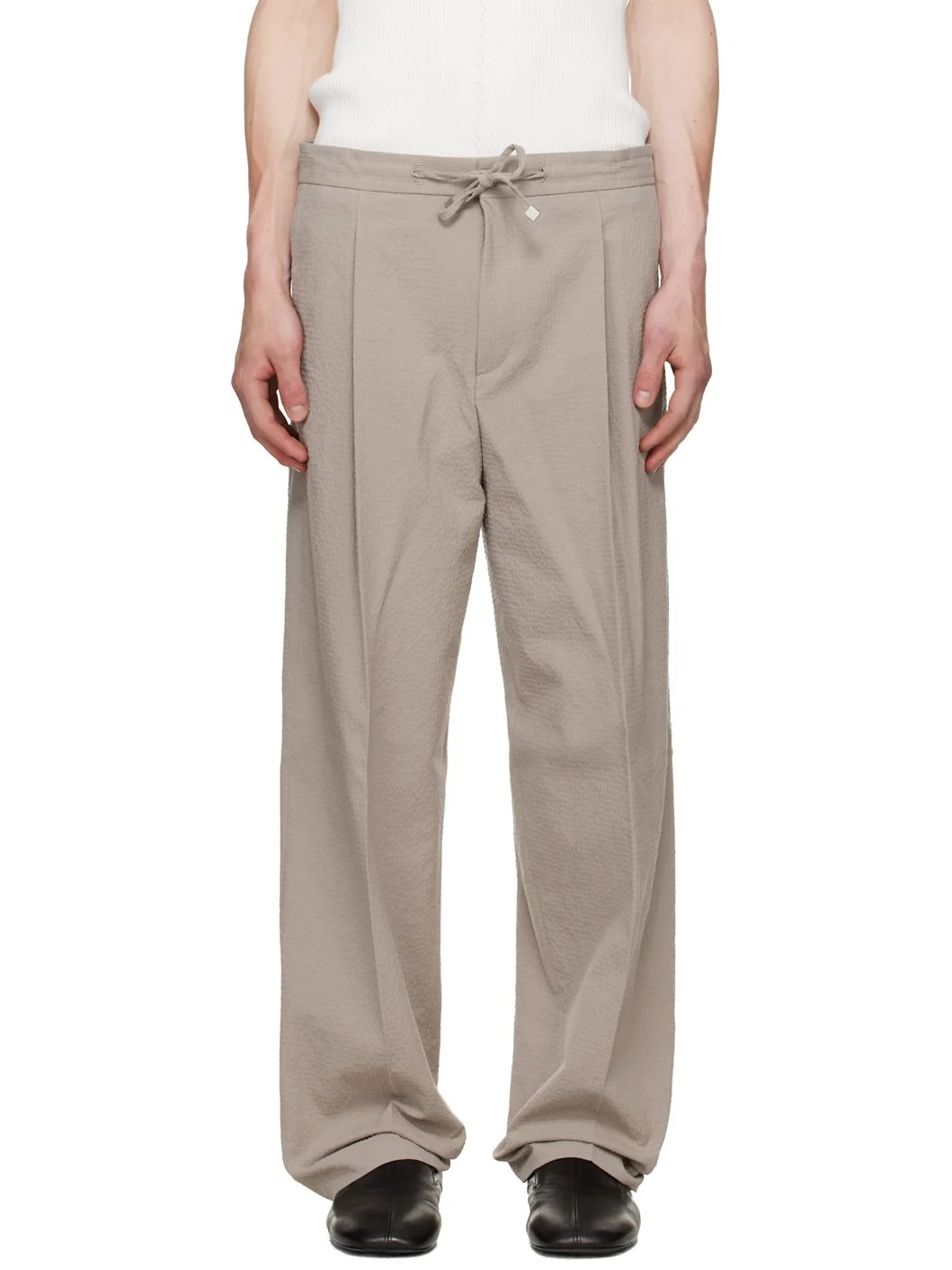 Beige Modern Fit Seersucker Trousers - 1