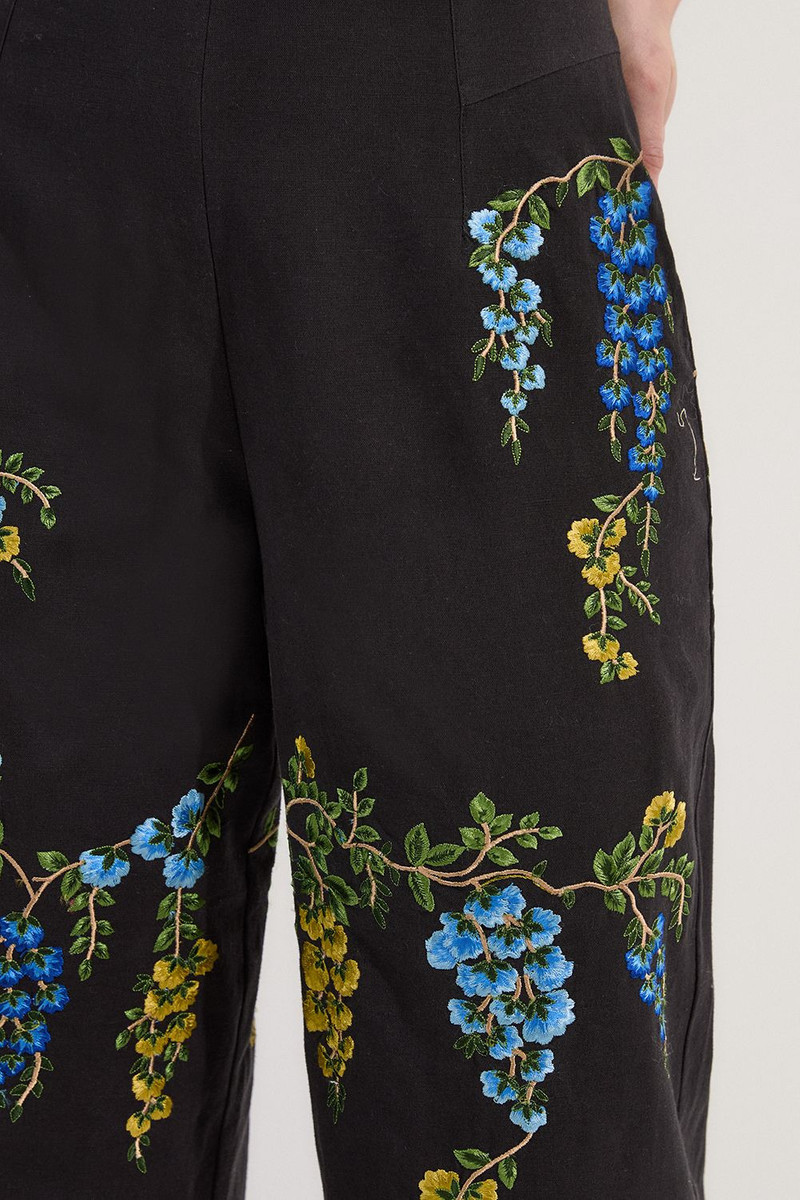 Floral Embroidered Cotton Linen Woven Wide Leg Trousers 3
