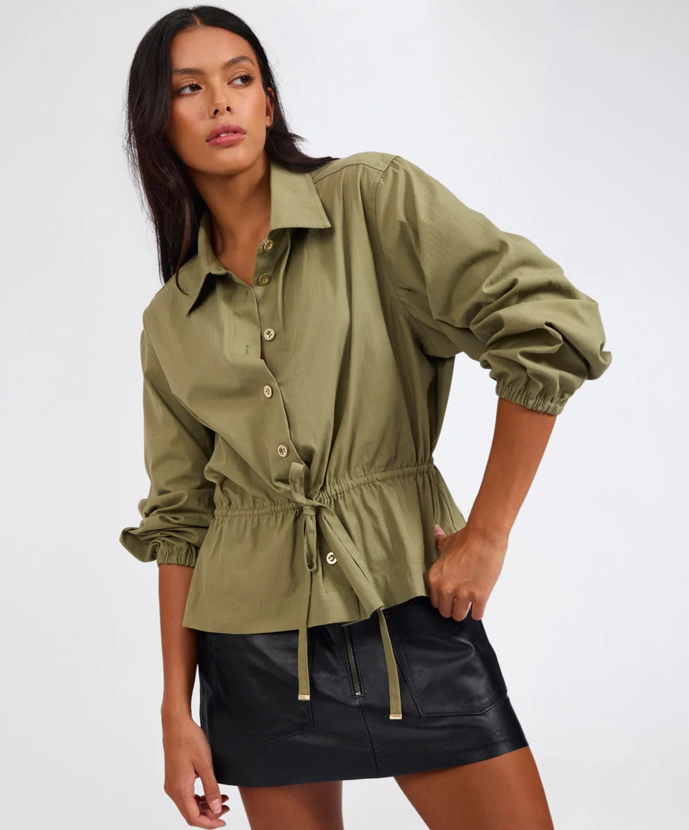 Tie Waist Cotton Shirt - Khaki - 1