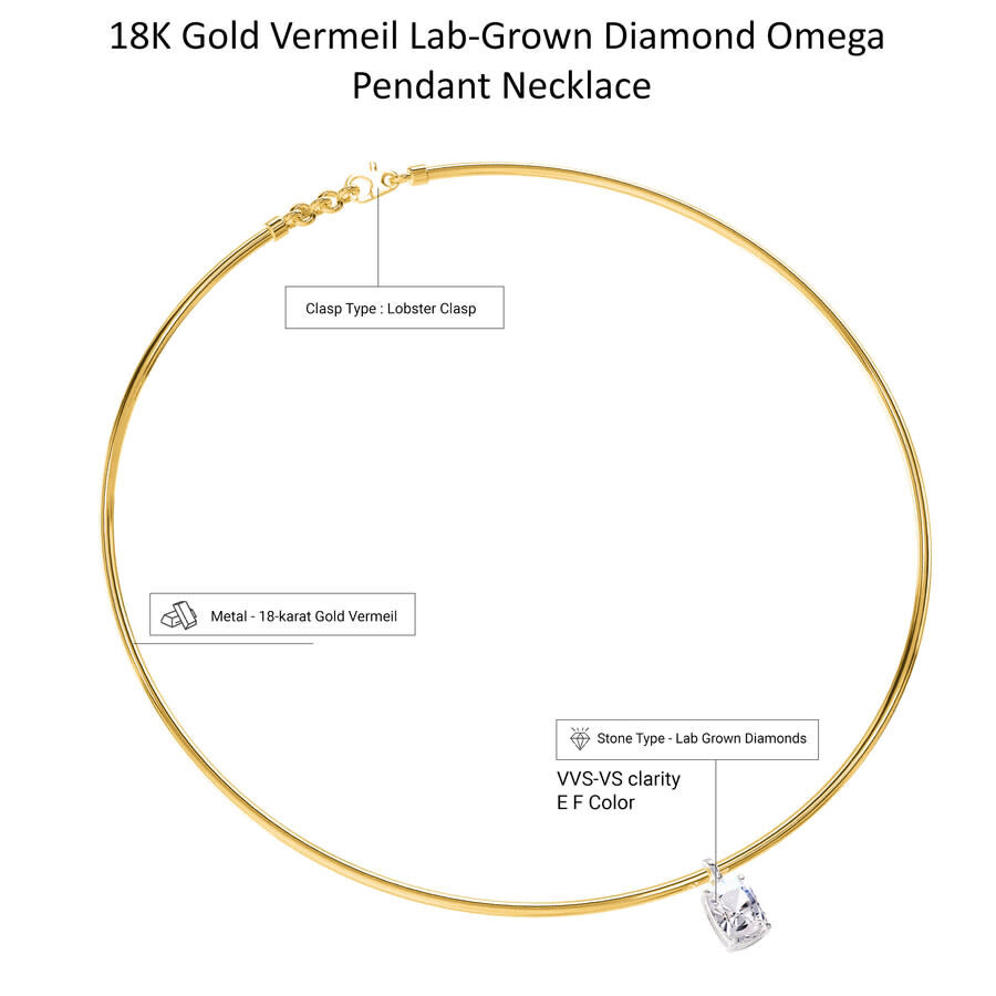 Diamond2Deal - Diamond2Deal 18k Vermeil Plated Silver 2 Ct Radiant Cut Lab Grown Diamond Pendant Necklace 18" VVS-V - 2