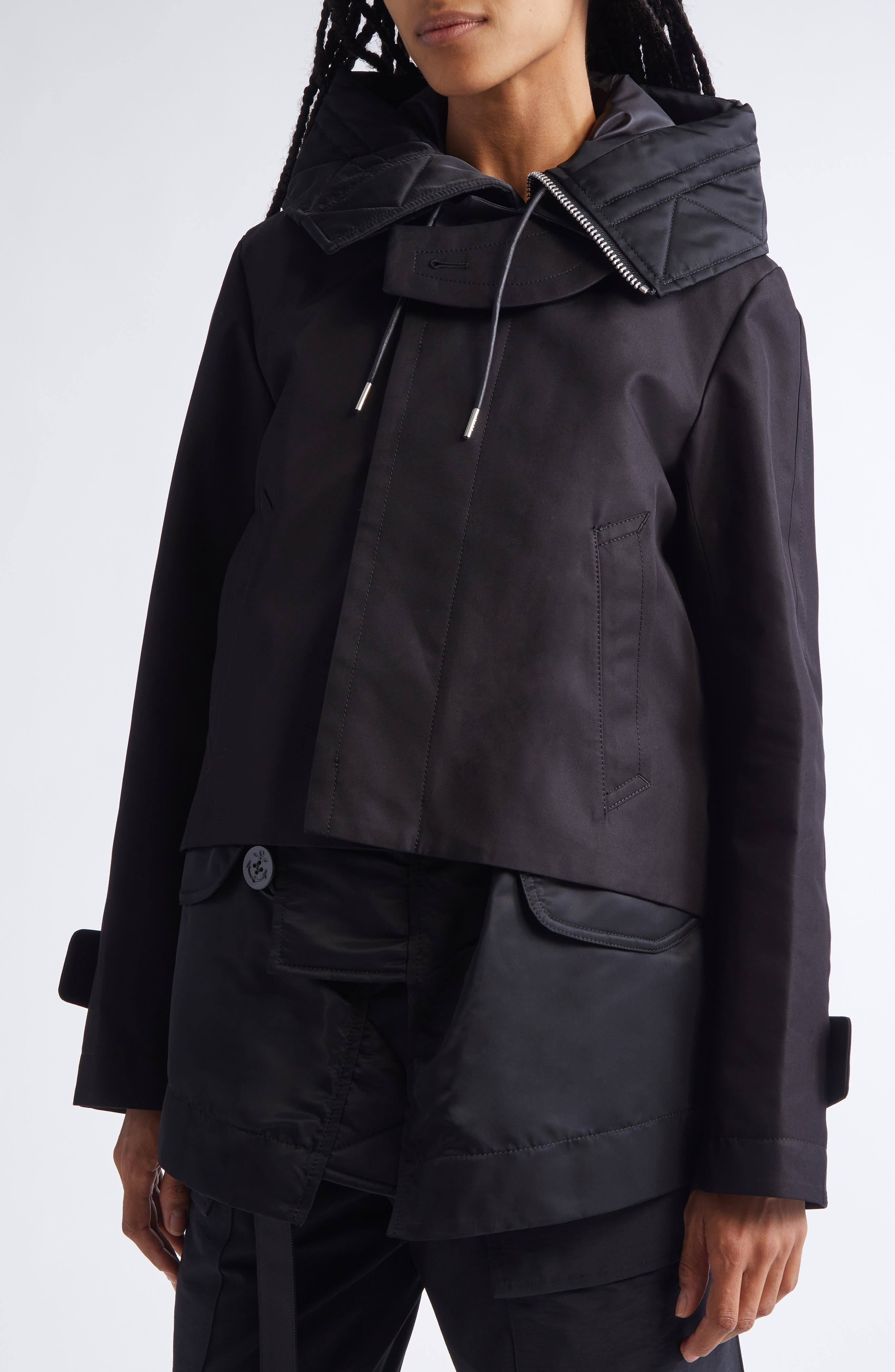 Sacai Hooded Mixed Media Jacket in Black at Nordstrom - 5