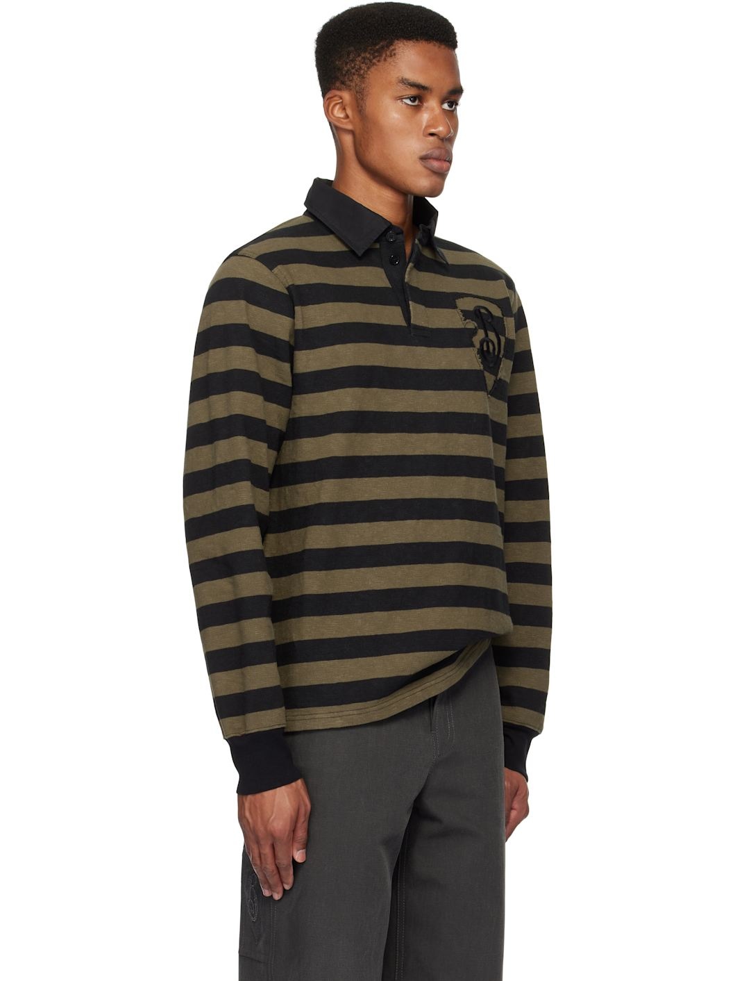Khaki Long-Sleeve Striped Cotton Polo - 2