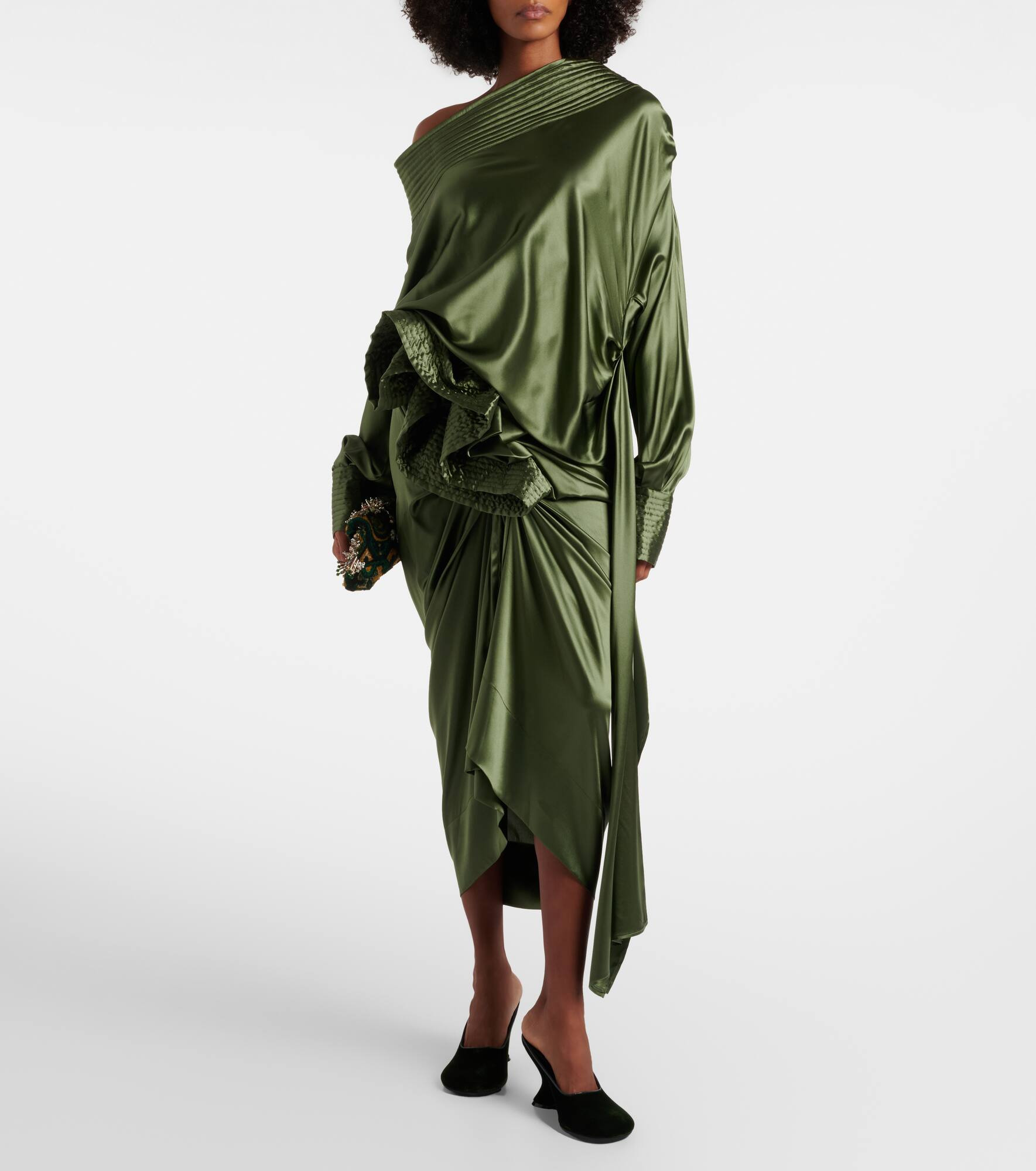 Gathered silk-blend satin midi skirt - 2