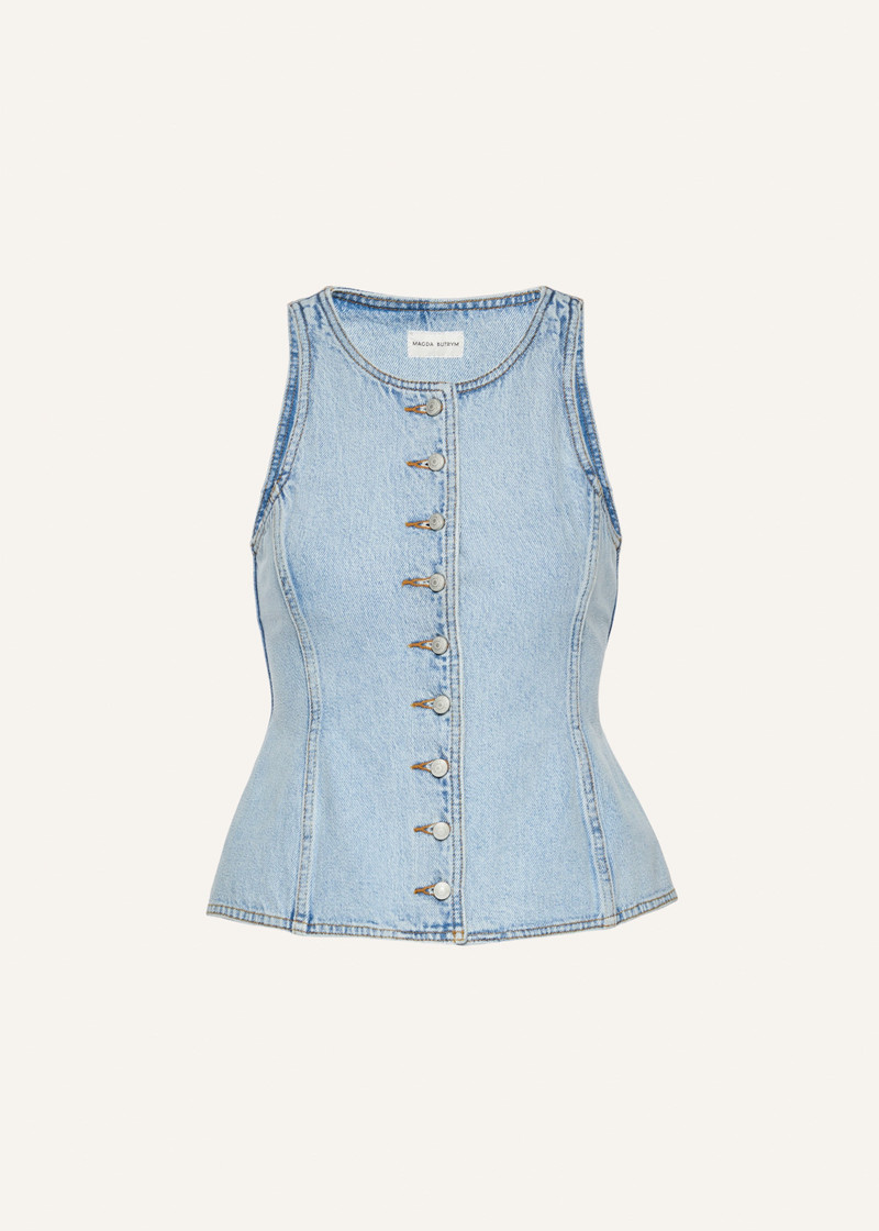 Round neck denim waistcoat in light blue 1