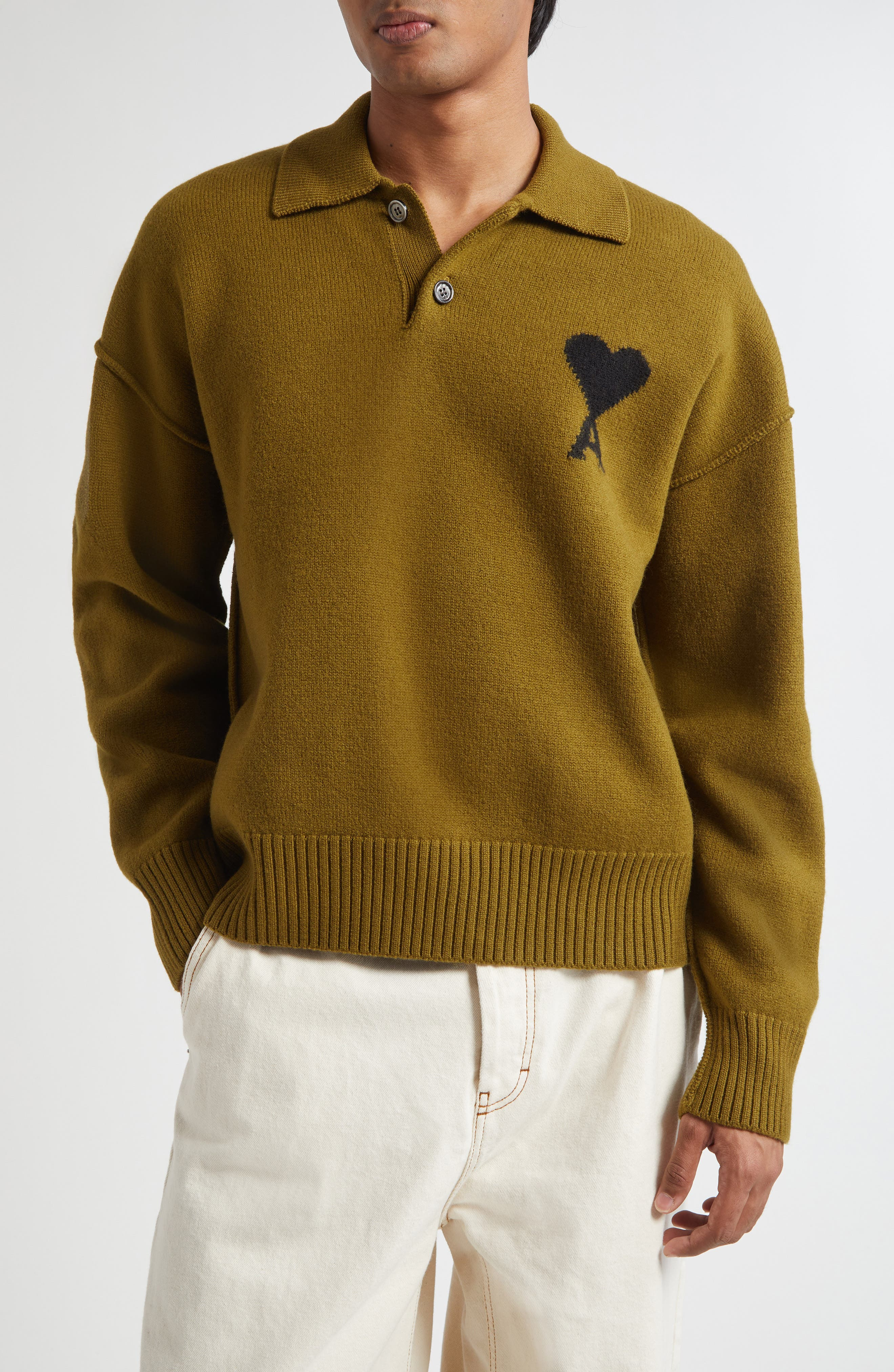 AMI PARIS Ami de Coeur Monogram Felted Wool Polo Sweater in Bronze/Noir at Nordstrom - 1