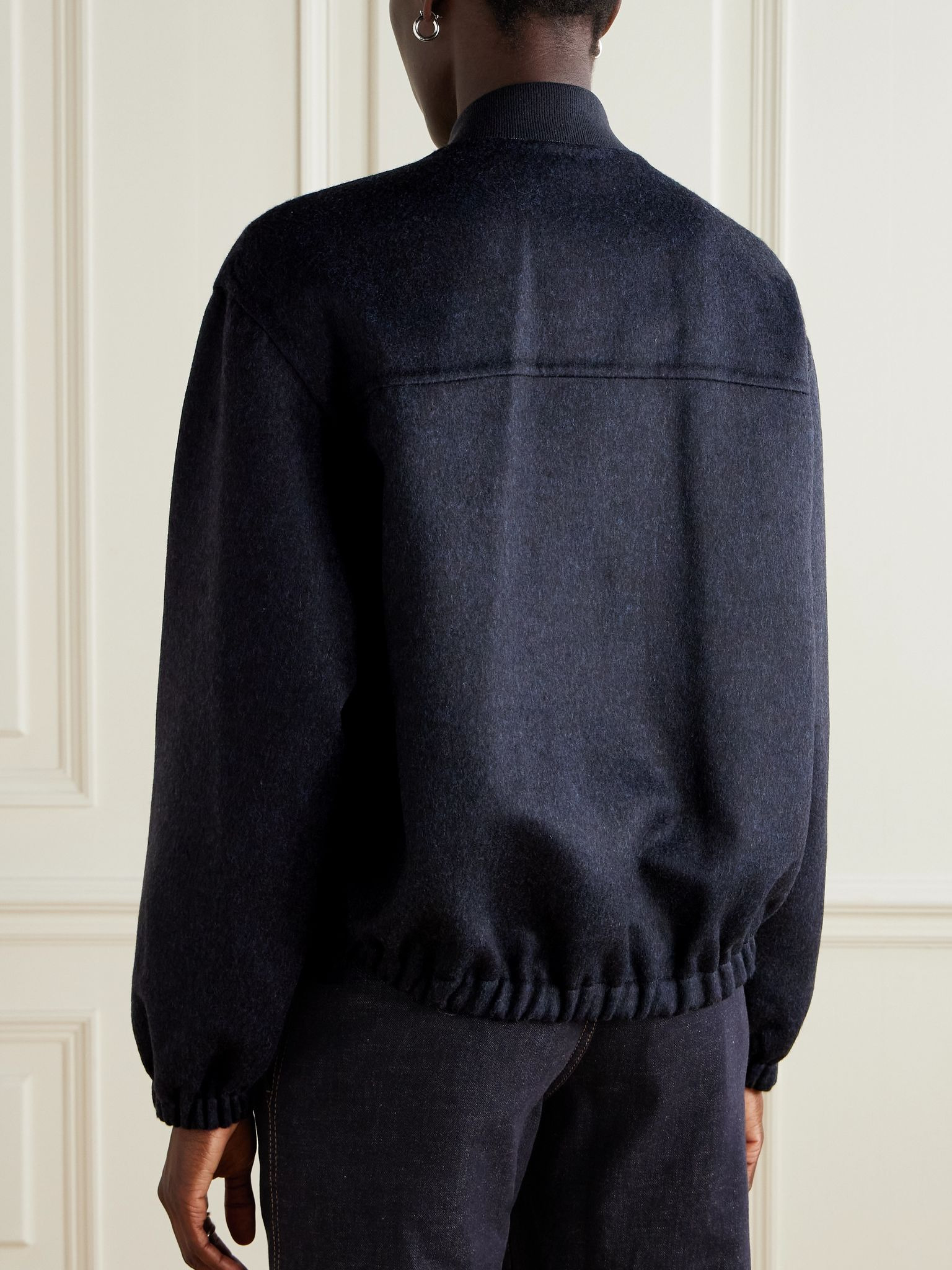 Bead-embellished leather-trimmed wool bomber jacket Navy - 4