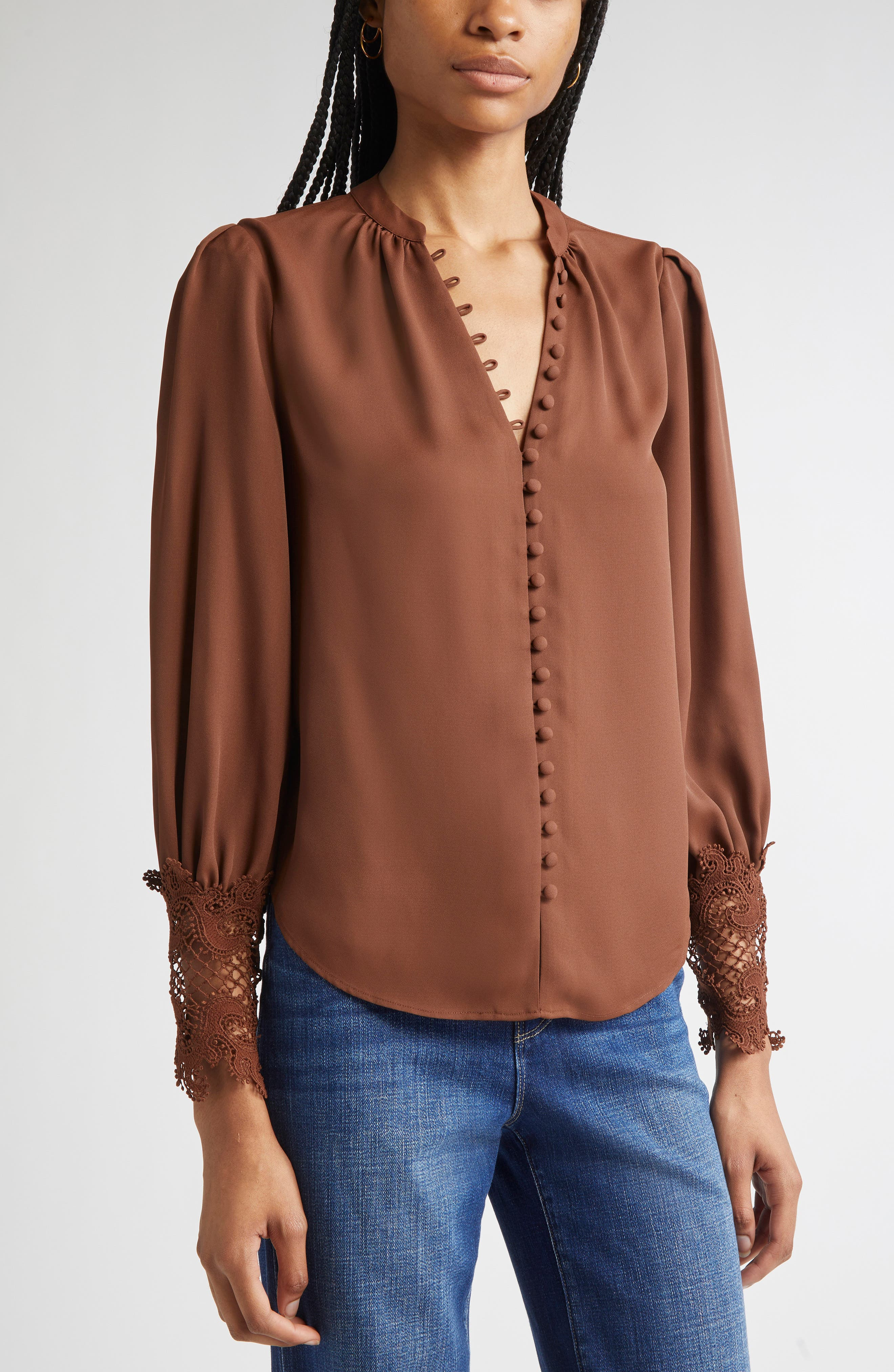 L'AGENCE Ava Lace Cuff Button-Up Blouse in Hot Fudge at Nordstrom - 5