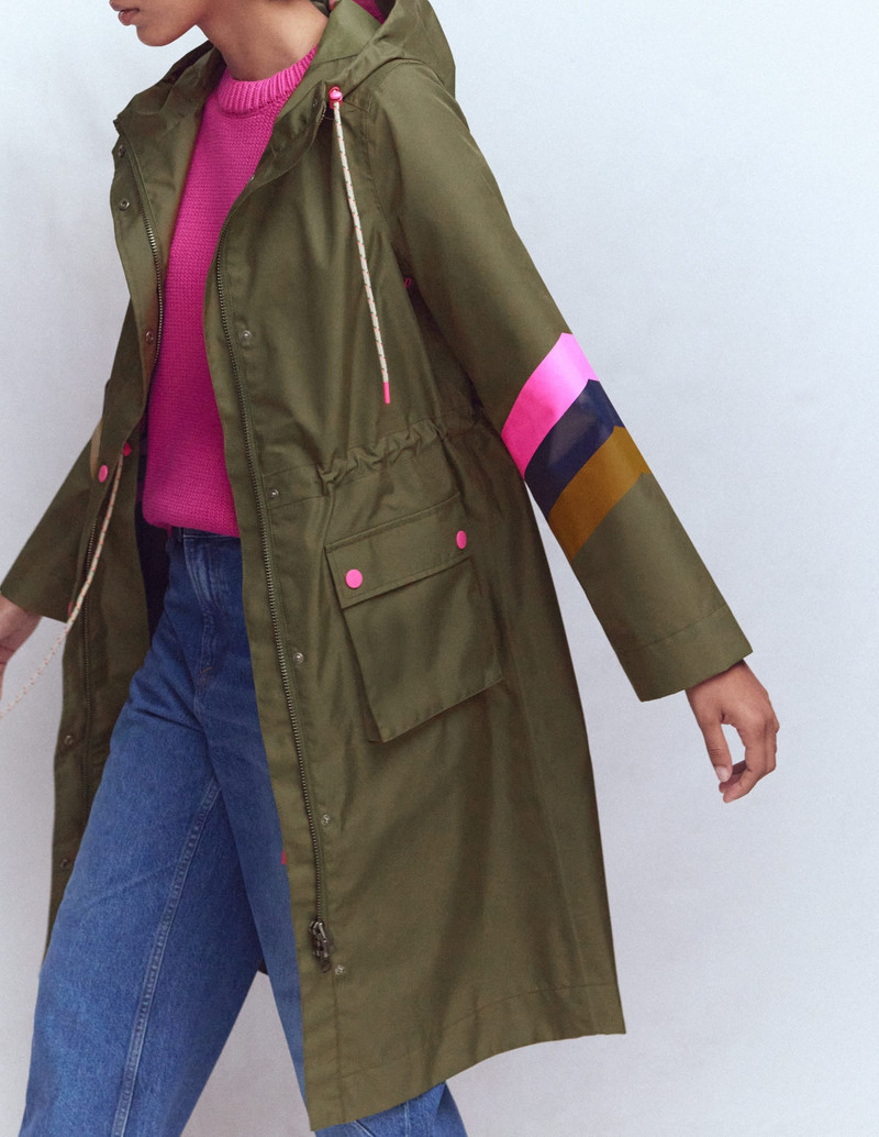 Striped Longline Rain Mac-Woodland Green Stripe 7