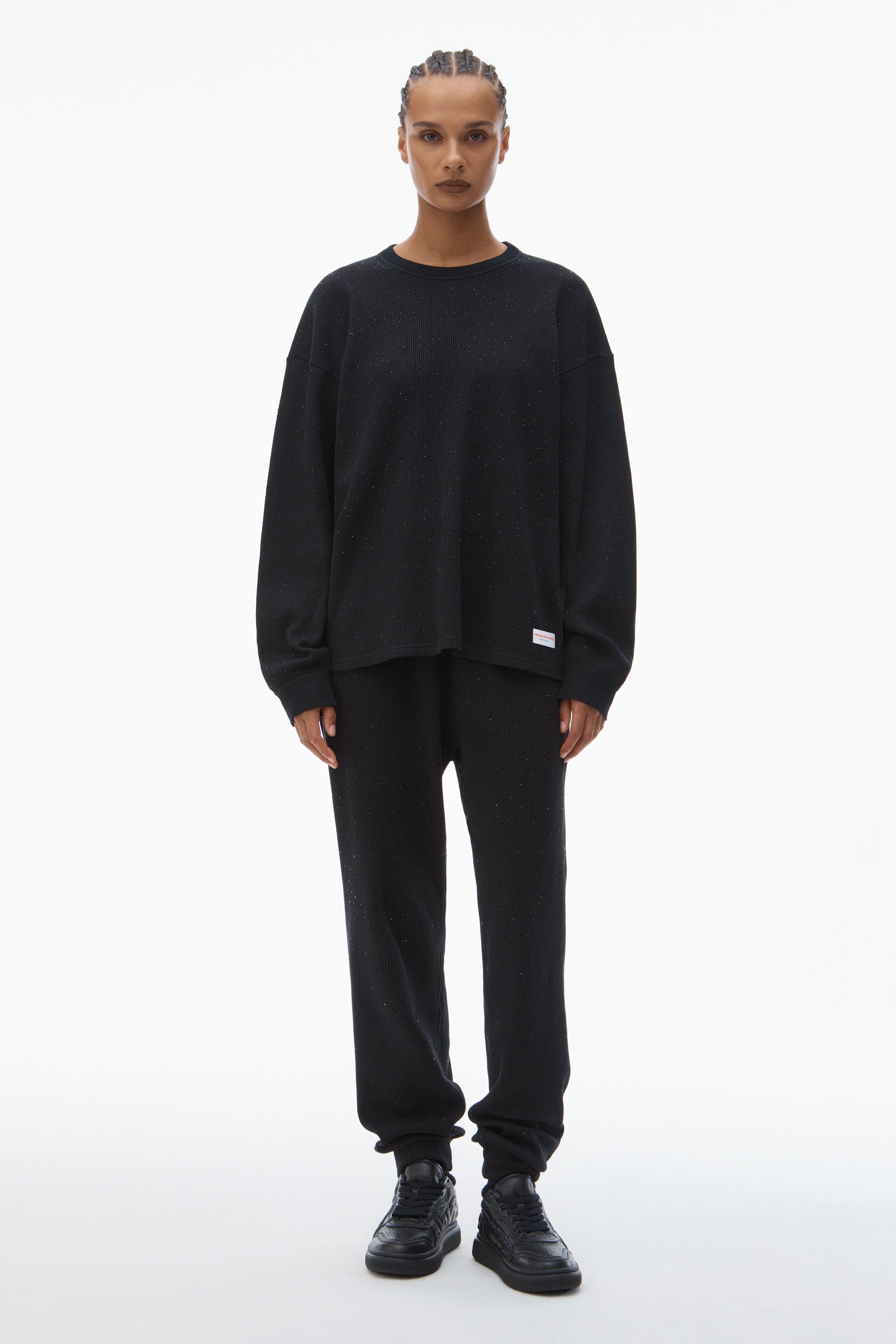 Crystal Hotfix Crewneck Long-Sleeve Tee in Waffle Knit - 6