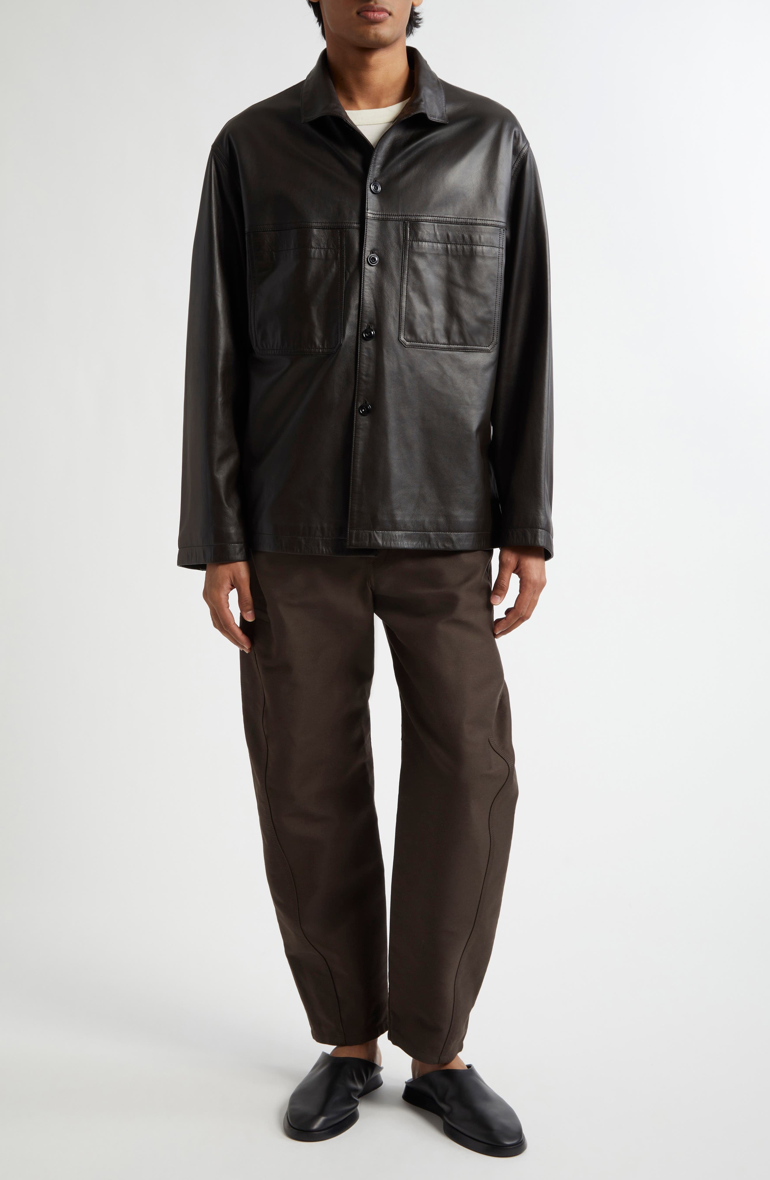 Lemaire Stand Collar Leather Shirt Jacket in Dark Espresso Br507 at Nordstrom - 2