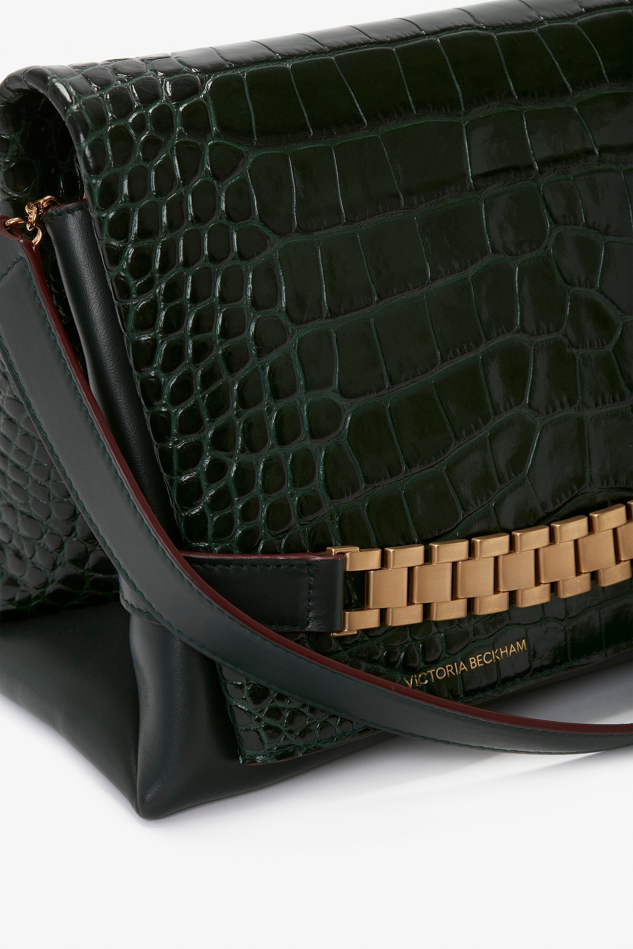 Chain Pouch With Strap In Dark Forest Croc-Effect Leather - 7