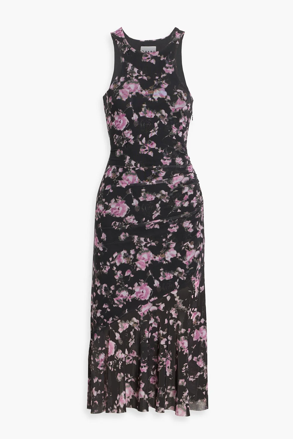 Ruched floral-print stretch-mesh midi dress - 1
